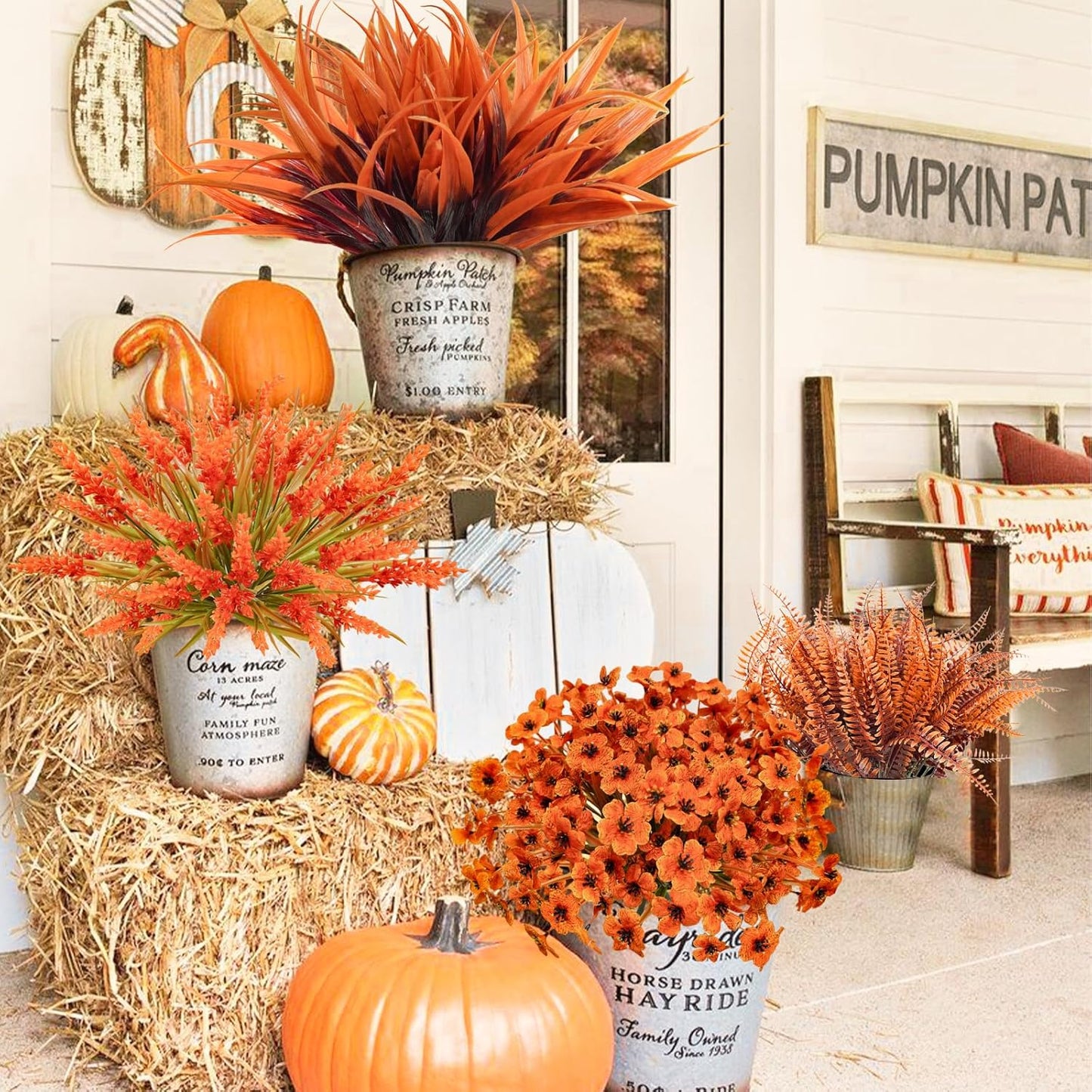 Faux Fall Flowers Outdoor, 16Pcs Artificial Fall Flowers UV Resistant Autumn Plastic Flowers Plants Fall Greenery Shrubs for Outside Porch Patio Garden House Thanksgiving Decor