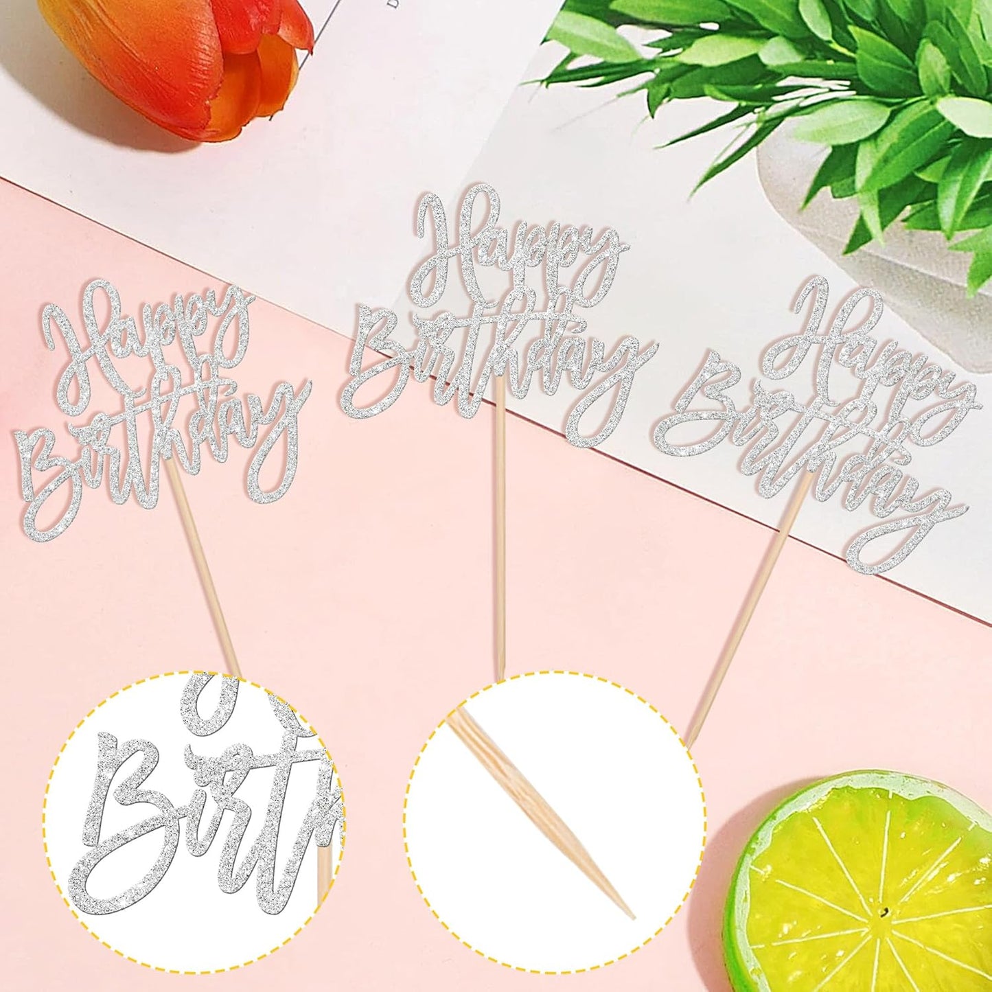 24 PCS Glitter Cupcake Toppers - Silver Happy Birthday & Anniversary Picks