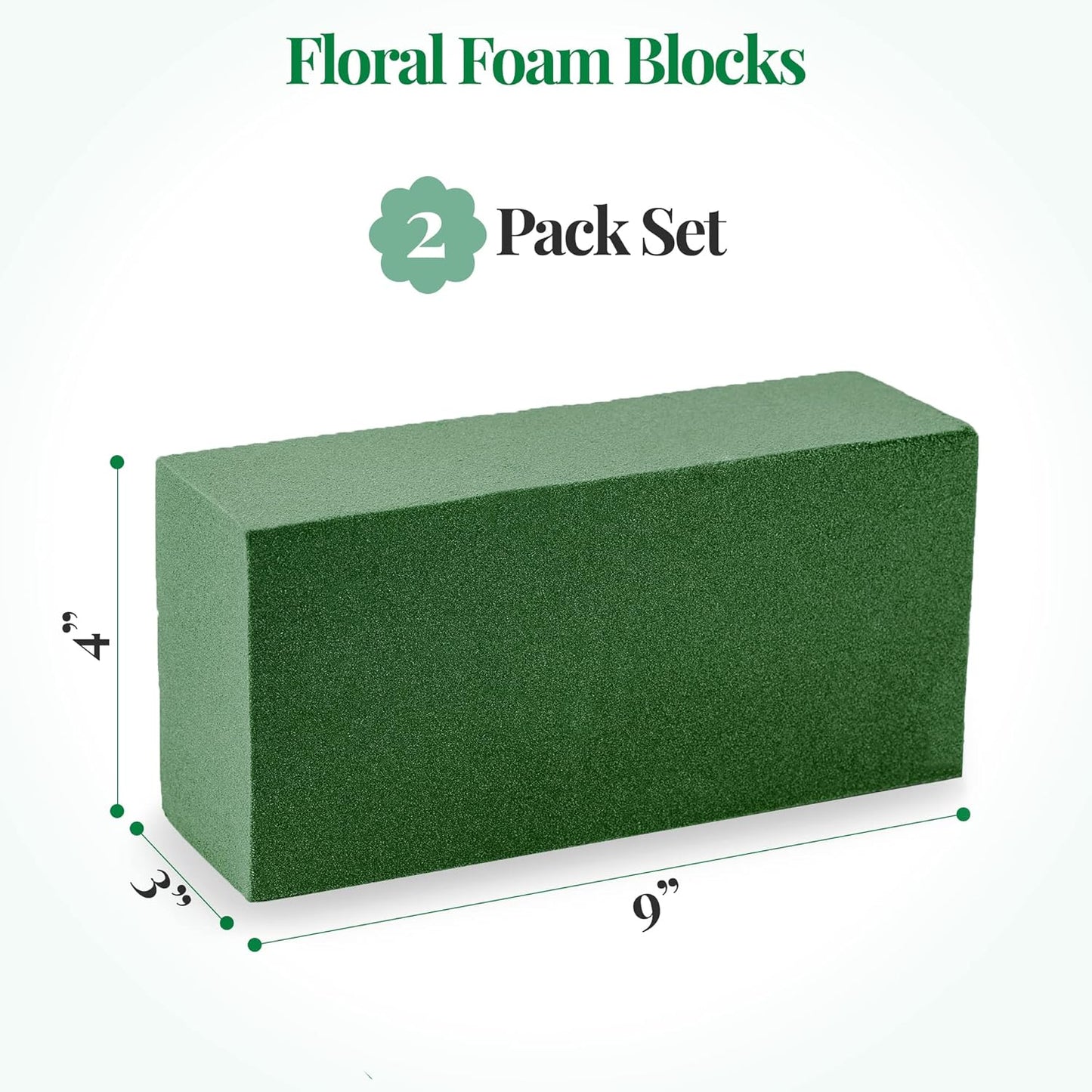 2 Pcs Floral Foam Blocks (Larger Size 9" X 4" X 3" Each) Florist Flower Foam Green Bricks Applied Dry or Wet Flower Foam Bricks Arrangement Supplies for Artificial or Fresh Flowers