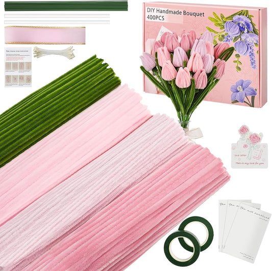 400 Pcs Soft Craft Pipe Cleaners Flowers,4 Colors Chenille Stems Bulk with Floral Wires,Tape,Greeting Card,Bouquet Paper,Hot Glue Stick,Stamen & Ribbon, Holiday Gifts for Women,Men,Teens,Elder