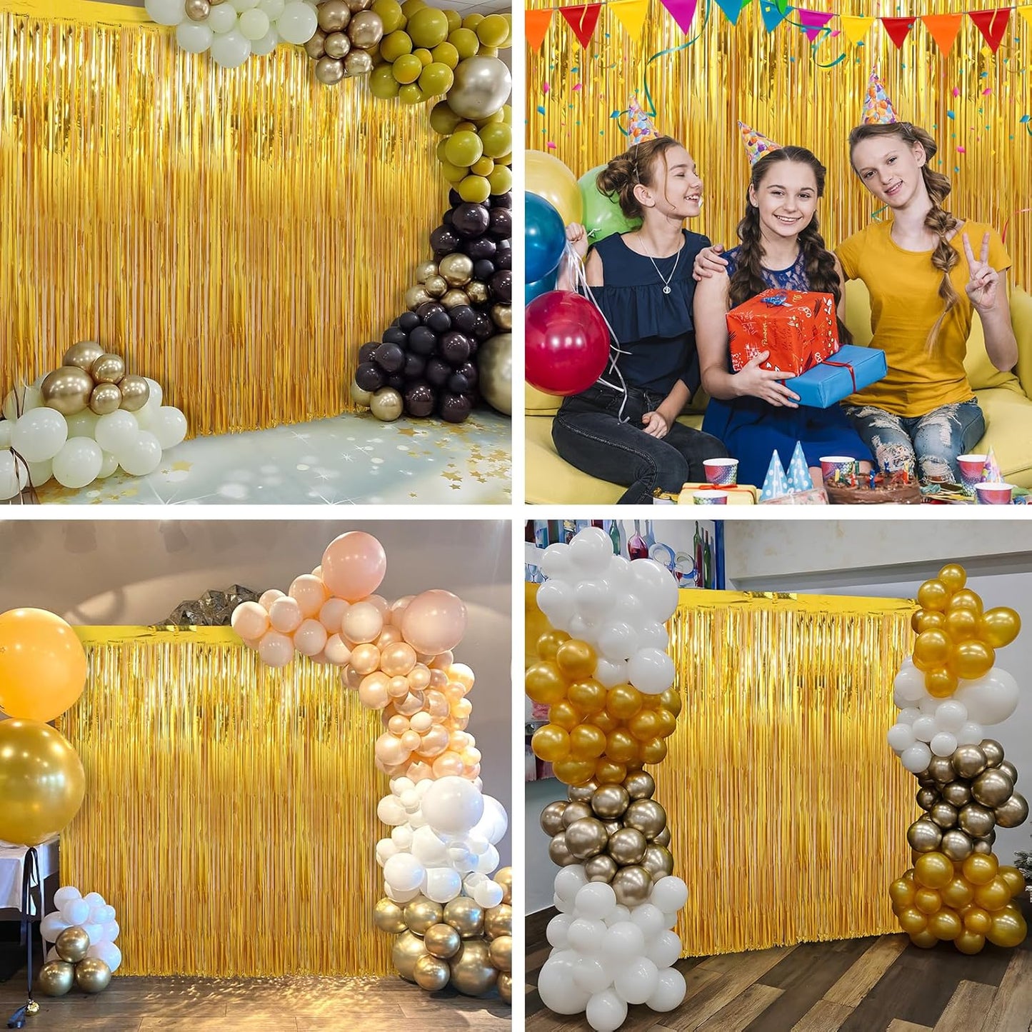 4 Pack Gold Foil Fringe Curtains Door Streamers Party Decorations 3.3 x 8.2 ft, Gold Tinsel Curtain Fringe Backdrop for Parties, Door Fringe Birthday Streamers, Photo Booth Backdrops, Party Decor