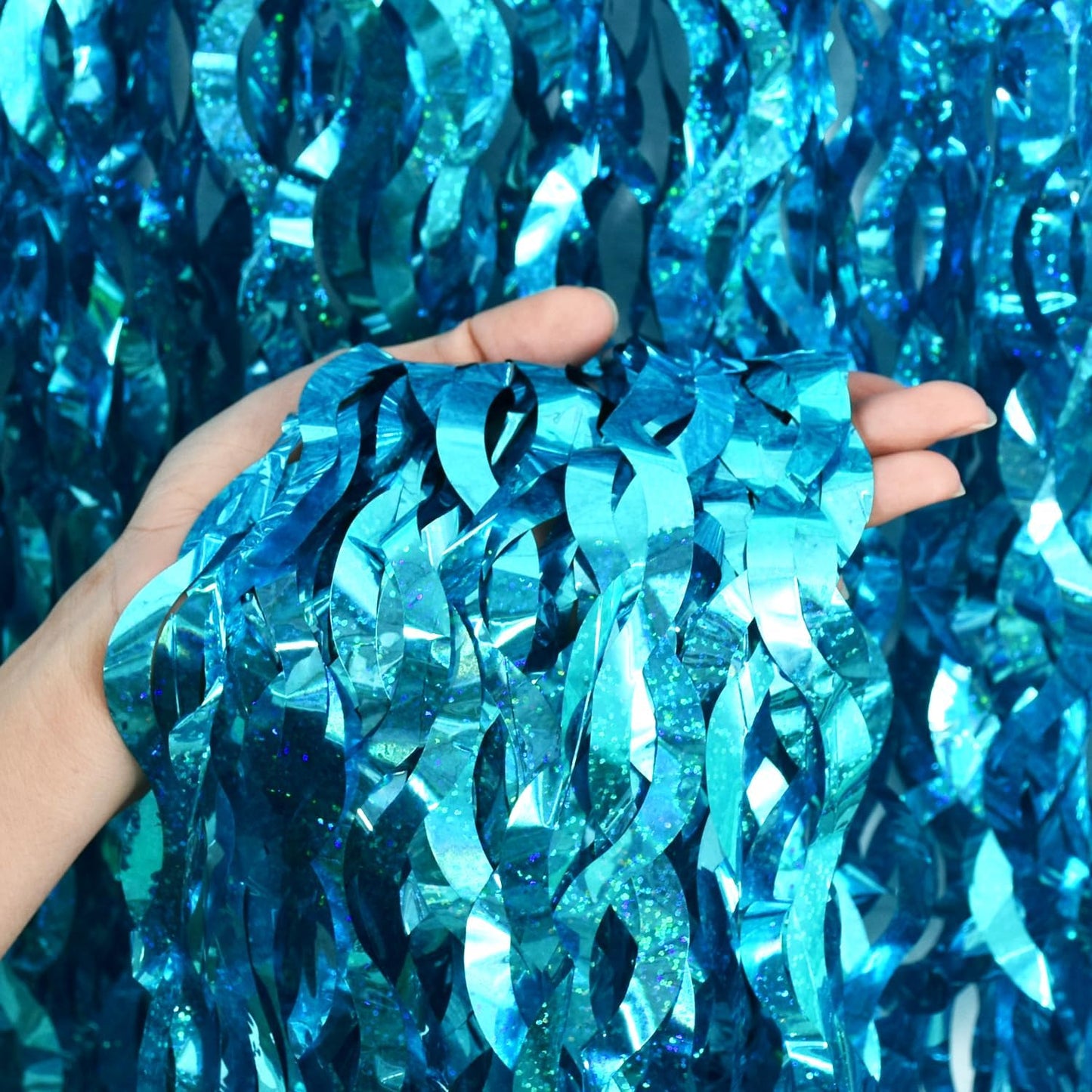 TONIFUL 3Pcs Wavy Metallic Tinsel Foil Fringe Curtains Teal Blue Streamer Backdrop for Photo Booth Props,Party Door Wall Curtains,Bachelorette,Underwater World Birthday Party Decor (9.9ft x 6.6ft)