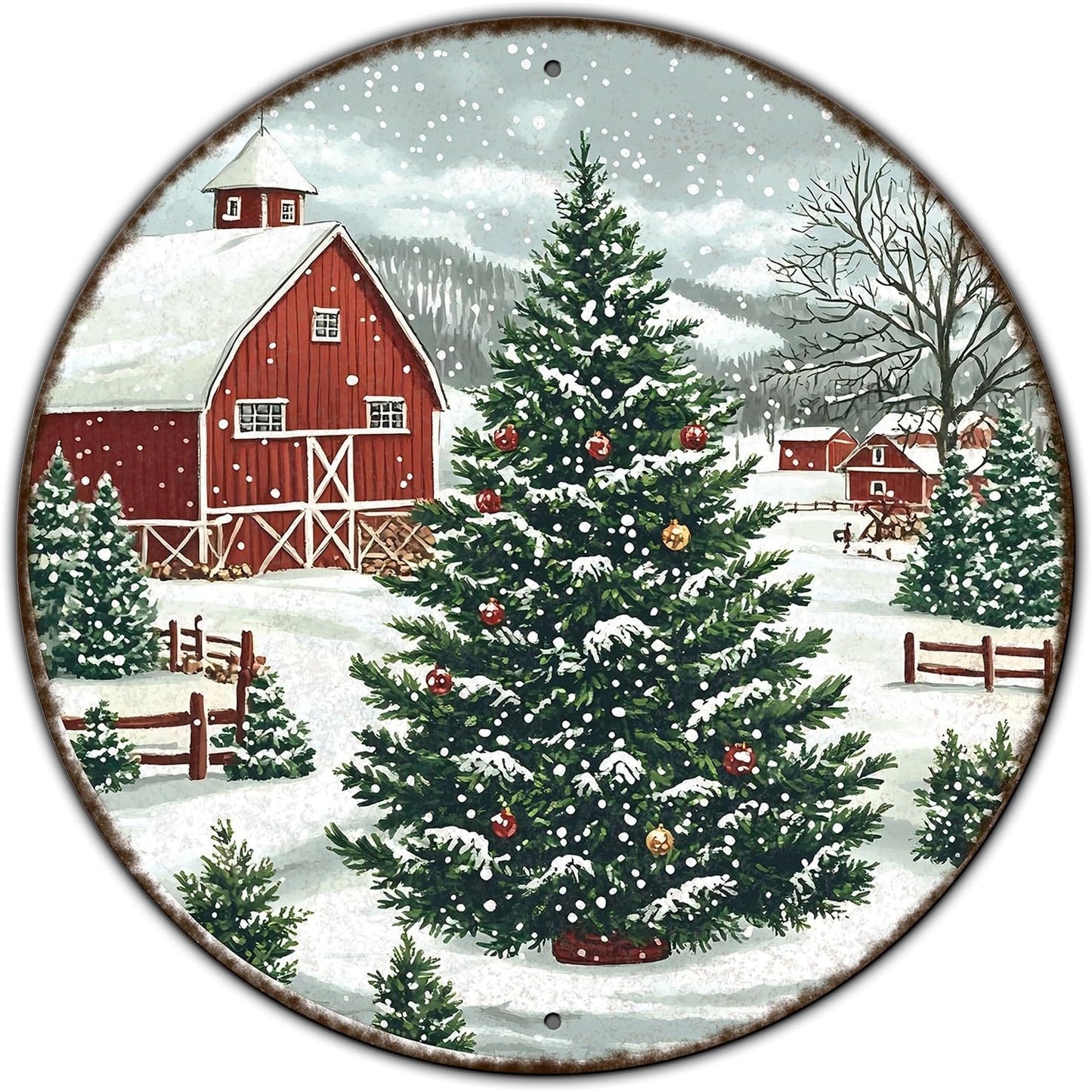 Round Christmas Trees Barn Metal Tin Sign Christmas Vintage Tin Sign for Kitchen Cafe Bar Farmhouse Home Wall Decor Art Winter Decoration 8 * 8 in