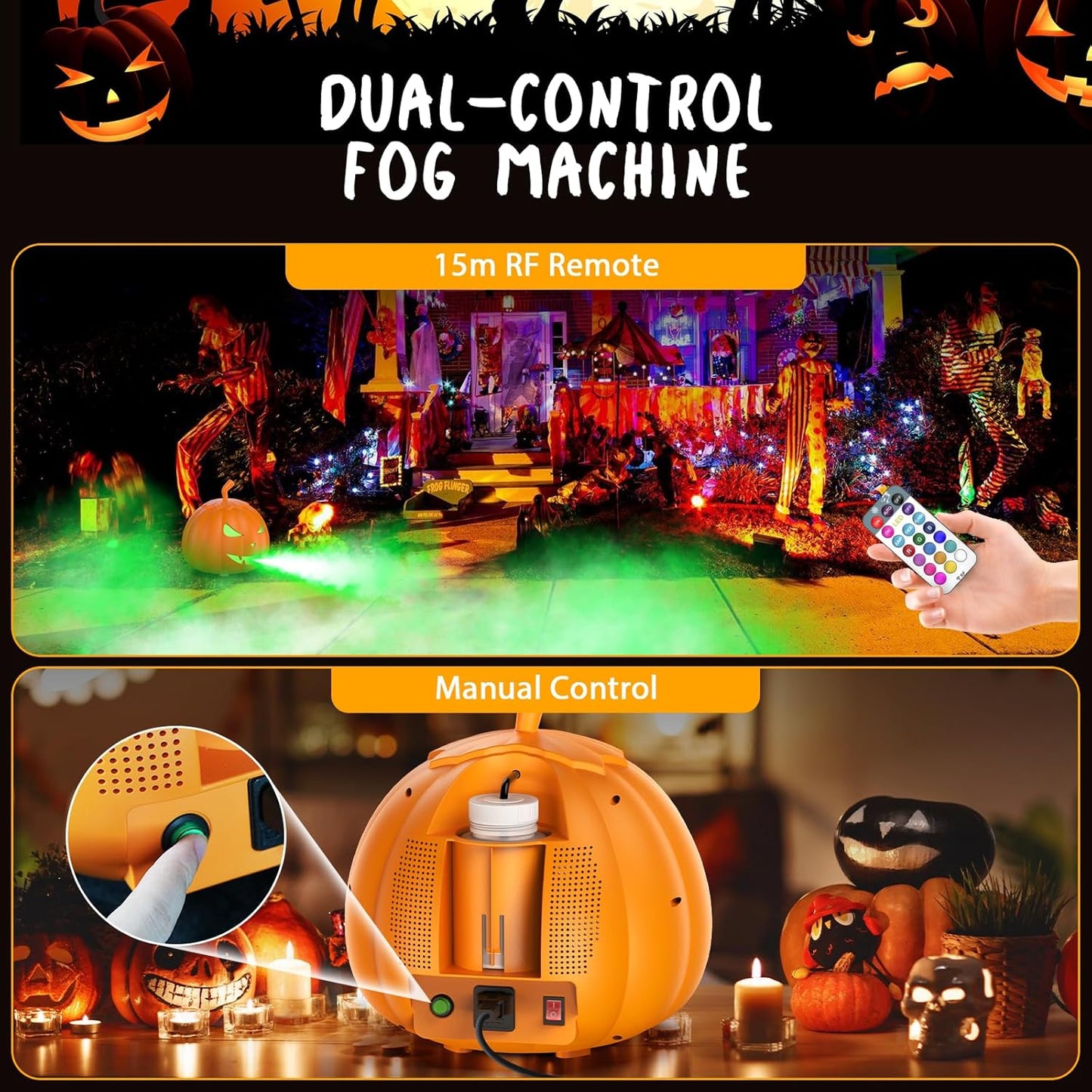 Fog Machine with LED RGB Lights, 800W Halloween Fog Machine with Remote Control, Pumpkin Smoke Machine 12 Colors Lighting Effect for Halloween Band DJ Show Club Outdoor Camping, 4 Pack