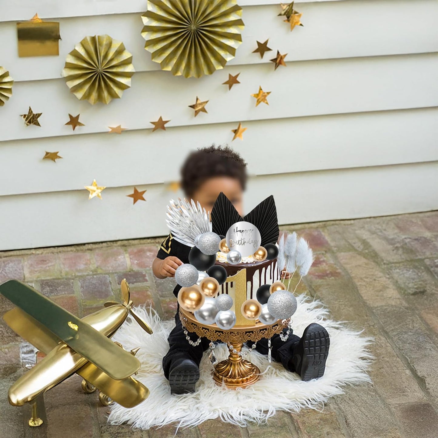 Ephlyn 33 Pack Balls Cake Toppers Boho Palm Leaves Cake Decorations Round Acrylic Happy Birthday Cupcake Toppers for Birthday Wedding Baby Shower Party Supplies Black Silver