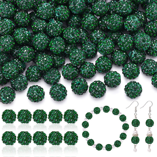 160pcs 10mm Rhinestone Beads for Jewelry Making, Dark Green Shiny Round Disco Ball Beads Bulk, Sparkle Crystal Clay Christmas for Bracelet Baseball Necklace Earring Crafting and DIY