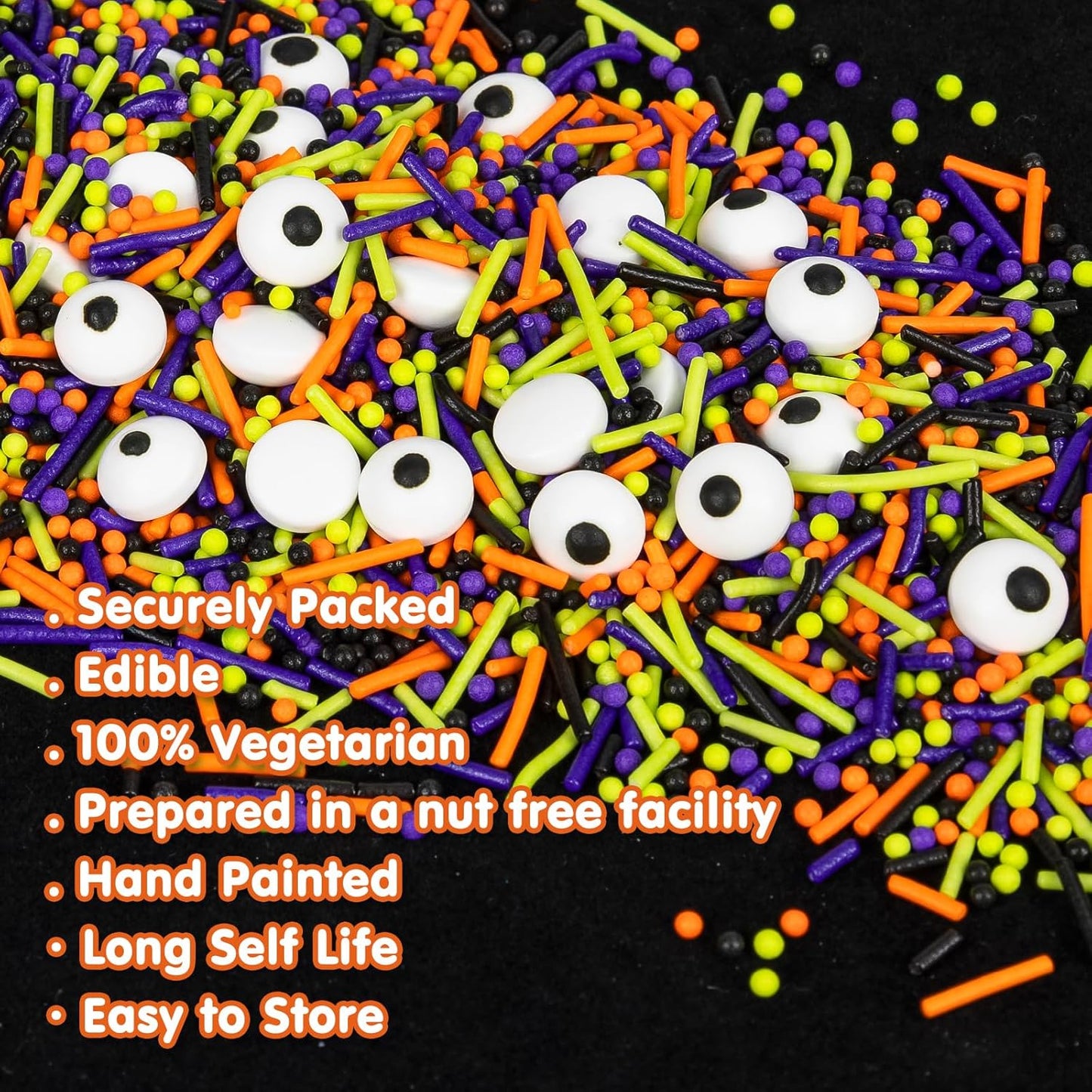 Edible Halloween Sprinkles,Black White Eyes Purple Green Orange and Black Pearls and Jimmies Mixed,130g/4.58ounce,Monster Sprinkle Perfect for Cake Decorations, Baking, Ice Cream, Cookies, Cupcake Topper,Halloween Supplies Children's Party