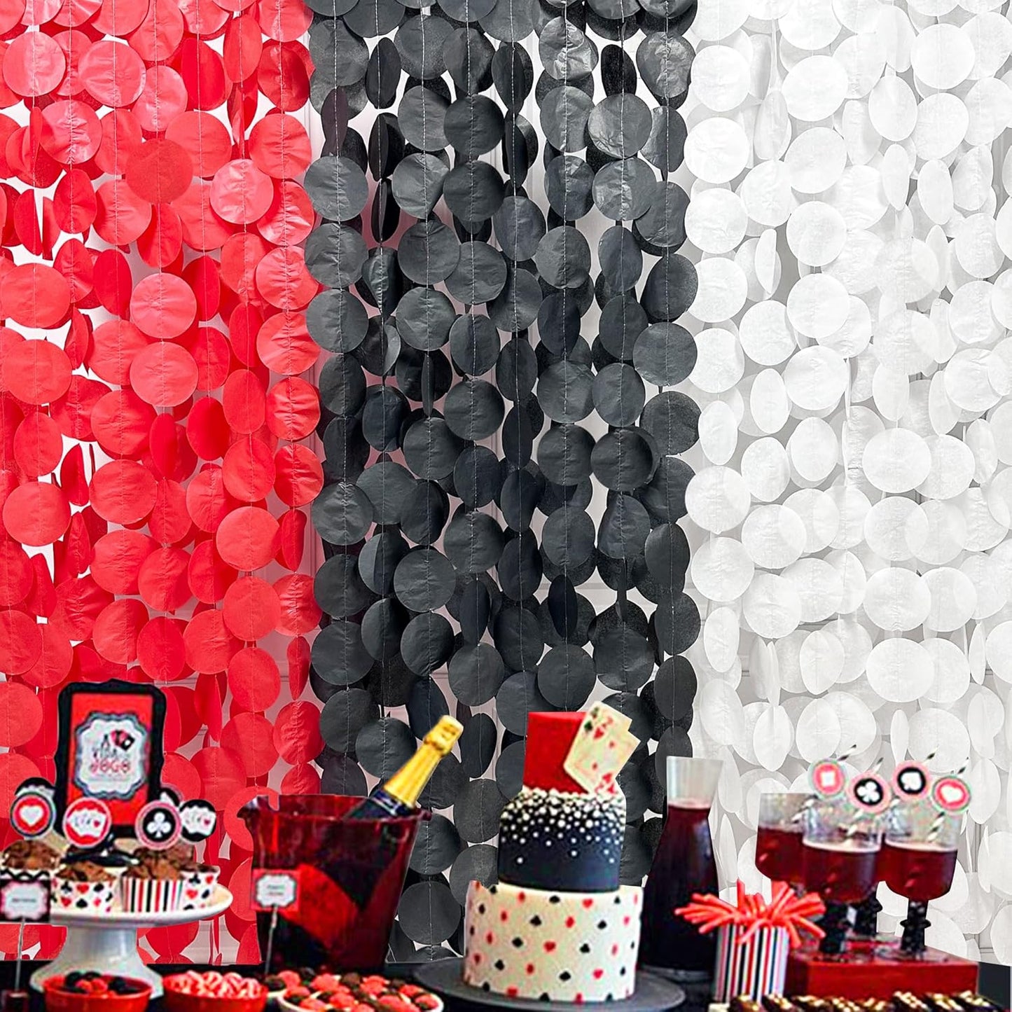 192Ft Red Black White Party Decorations Big Circle Dots Backdrop Streamer Garland for Graduation Birthday Bachelorette Engagement Baby Shower Wedding Las Vegas Casino Poker Pirate Party Supplies