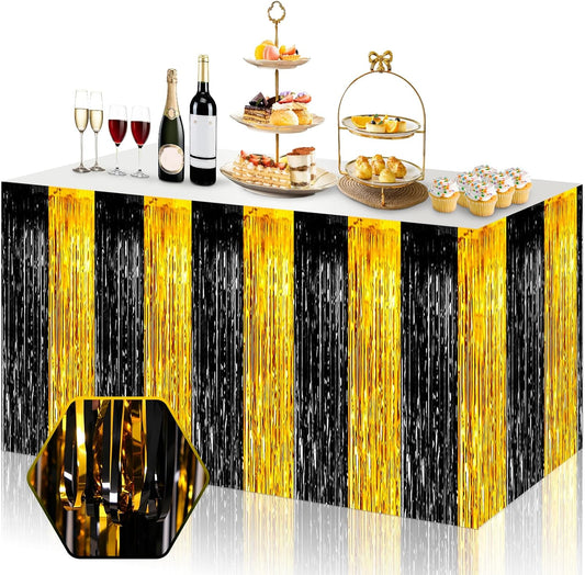 3 Pack 29x108 Inch Black Gold Foil Fringe Table Skirts Metallic Banner for Tinsel Streamer Garland Backdrop for Parade Floats Wedding Thanksgiving Birthday Christmas Halloween Party Decoration