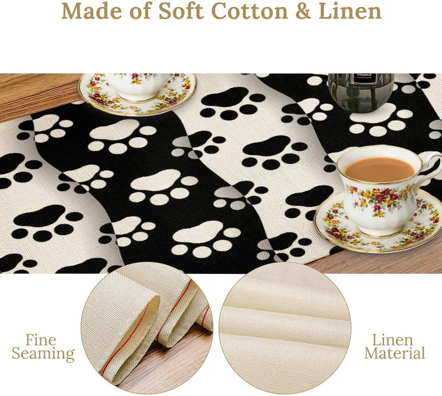 Dog Paw Table Runner,Kid Cute Animal Footprint Black White Theme Design Print Tablecloth Burlap for Hotel Indoors Outdoor Dining Room Kitchen Home Decor,W13X L70 in