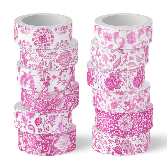 Whaline 12 Rolls Pink Floral Washi Tape Chinoiserie Flower Decorative Masking Tape Set Vintage Wrapping Paper Tape for Scrapbook Journal DIY Art Crafts