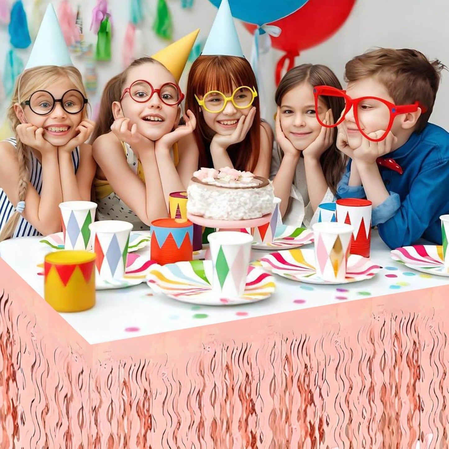 6 Pack 29x108 Inch Rose Gold Wave Foil Fringe Table Skirts Metallic Banner for Tinsel Streamer Garland Backdrop for Parade Floats Wedding, Mother's Day, Birthday Mardi Gras Party Decorations