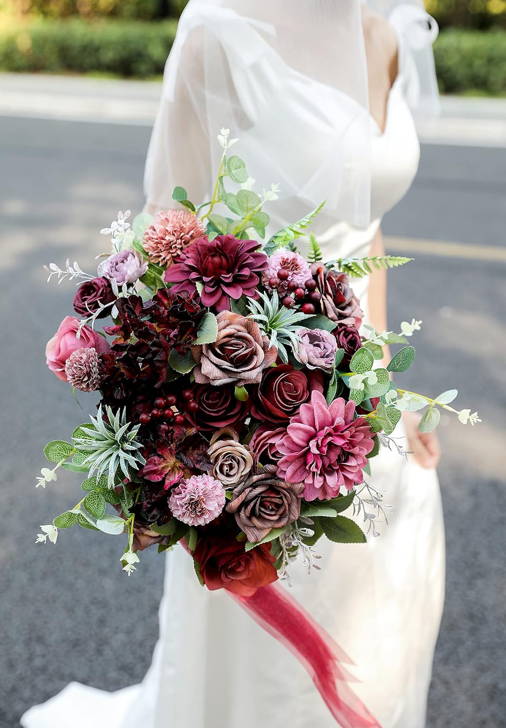 Serra Flora Artificial Flowers Combo Dahlia 25pcs Silk Fake Flowers Roses for DIY Wedding Bouquets Burgundy Centerpieces Arrangements Party Bridal Baby Shower Home Decorations(Burgundy)