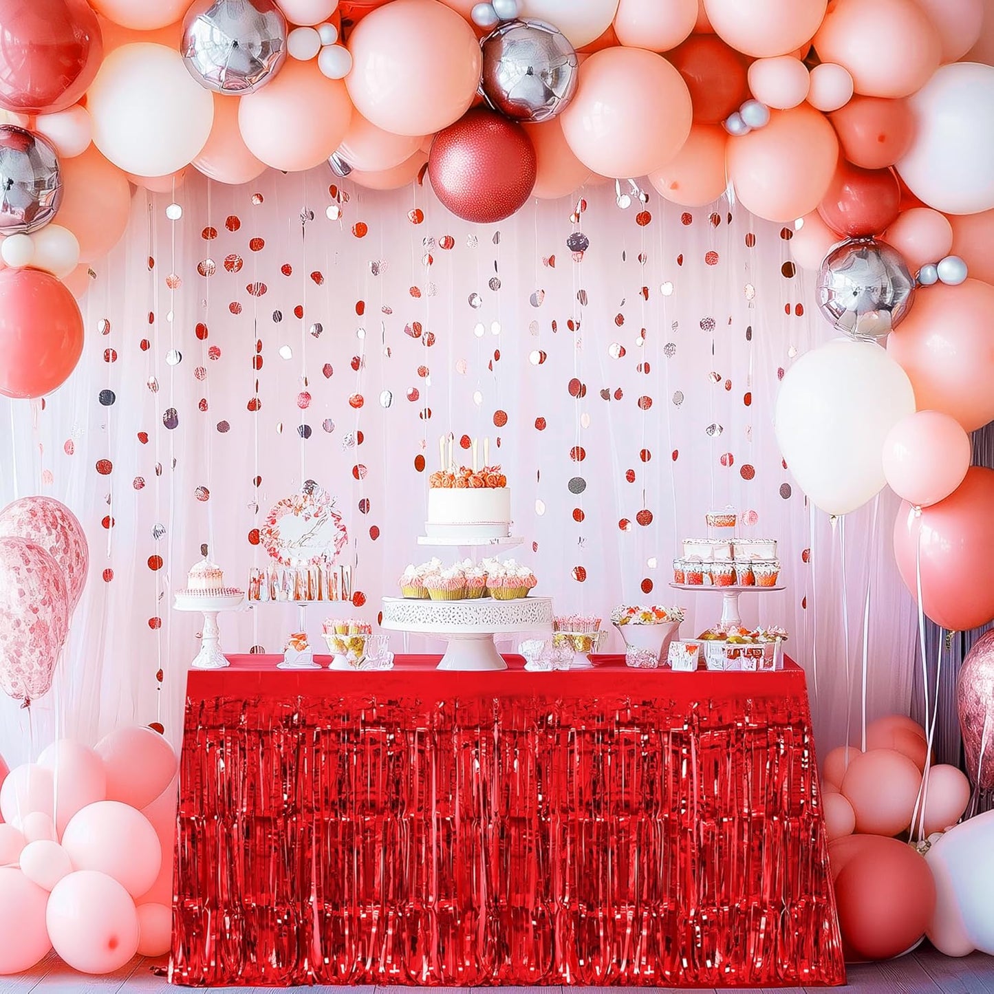 3 Pack Red Green Gold Table Skirts, 29x108" Metallic Foil Tinsel Fringe Table Skirt for Rectangle Tables Streamer Curtains Backdrop, Party Decorations for Birthdays, Weddings, Holidays