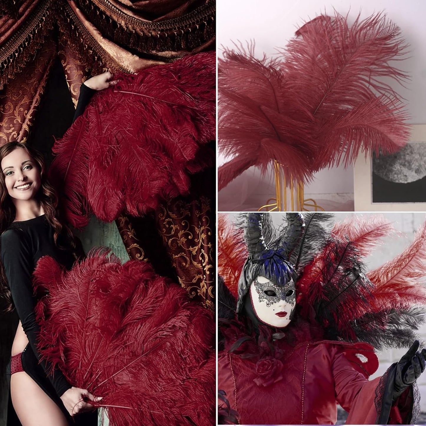 NEWONG 30pcs Wine red Ostrich Feathers Natural Bulk 8-10in（20-25cm） Vase Craft Wedding Home Party Centerpieces Christmas Day Decoration