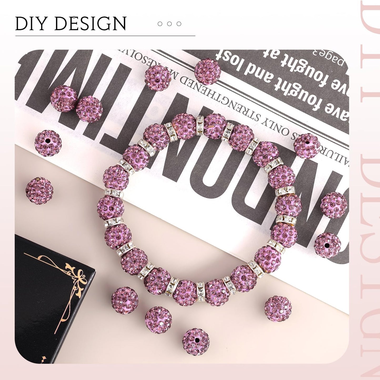 150pcs 10mm Rhinestone Beads for Jewelry Making, Light Purple Shiny Round Shamballa Disco Beads Bulk, Sparkle Crystal Clay Christmas for Bracelet Baseball Necklace Earring Crafting and DIY