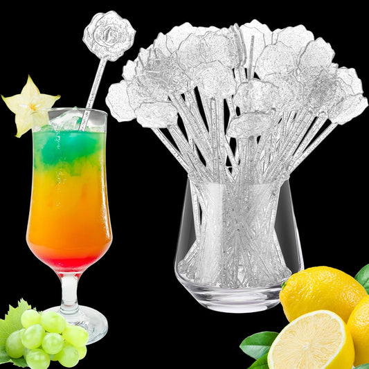 100 Pcs Silver Glitter Drink Stirrers Cocktails Plastic Swizzle Sticks 7.5 Inch Cupcake Pop Sticks Toppers Rose Top Wedding Drink Stirrers for Mixed Drinks Coffee Birthday Wedding Party