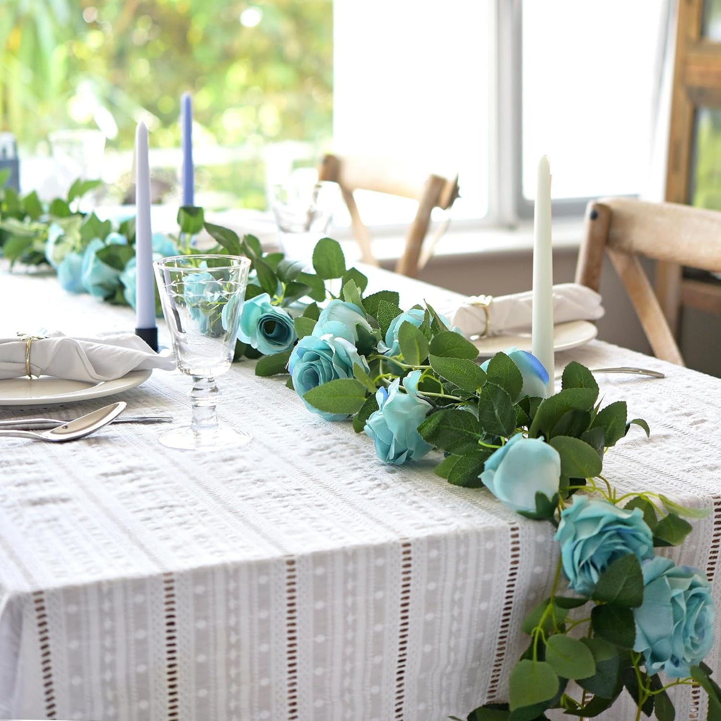 FiveSeasonStuff 29 Ft 4 Pack Rose Silk Flower Garland Artificial Flowers Decoration Hanging Floral Décor for Wedding Baby Shower Birthday Party Garden (Sky Blue)