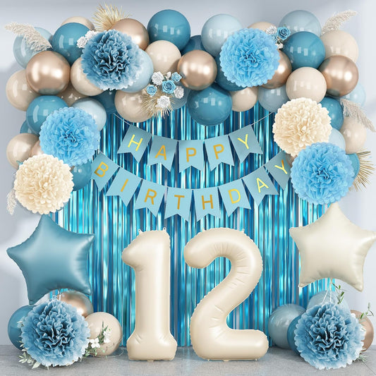 Dusty Blue 12th Birthday Party Decorations Boys Girls Beige Cream Number 12 Balloon with Blue Gold Happy Birthday Banner Fringe Curtain Paper Pom Poms Nude White Sand Champagne Star Foil Balloons