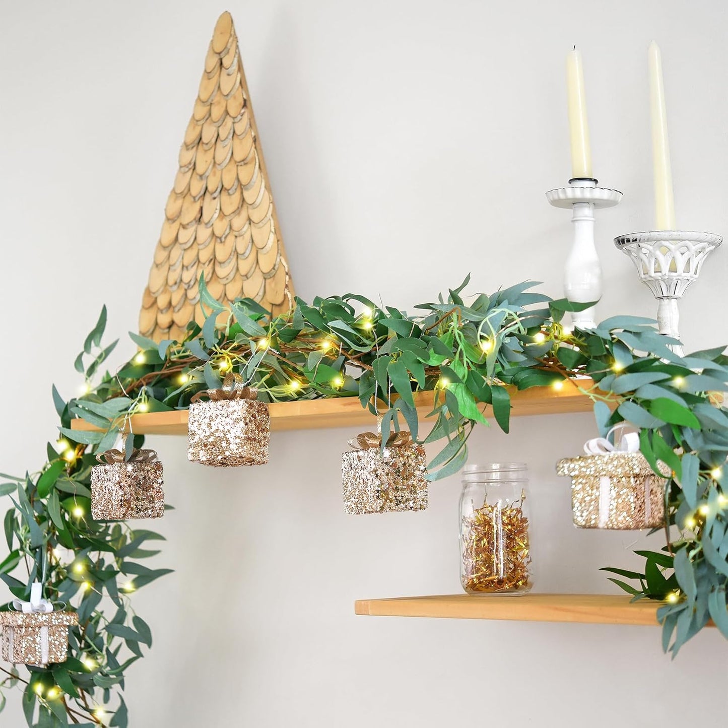 Artificial Willow Garland with Lights & Ornaments – 2-Pack Lighted Greenery Vine, USB Fairy Lights with Remote & Timer for Mantels, Weddings, Fireplace, Holidays, Parties & Everyday Home Decor