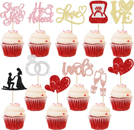 Ephlyn 30Pcs He Asked She Said Yes Cupcake Toppers Glitter Engagement Cupcake Toppers Diamond Ring Heart Love I Do Cupcake Picks for Engagement Wedding Party Cake Decorations Multicolor