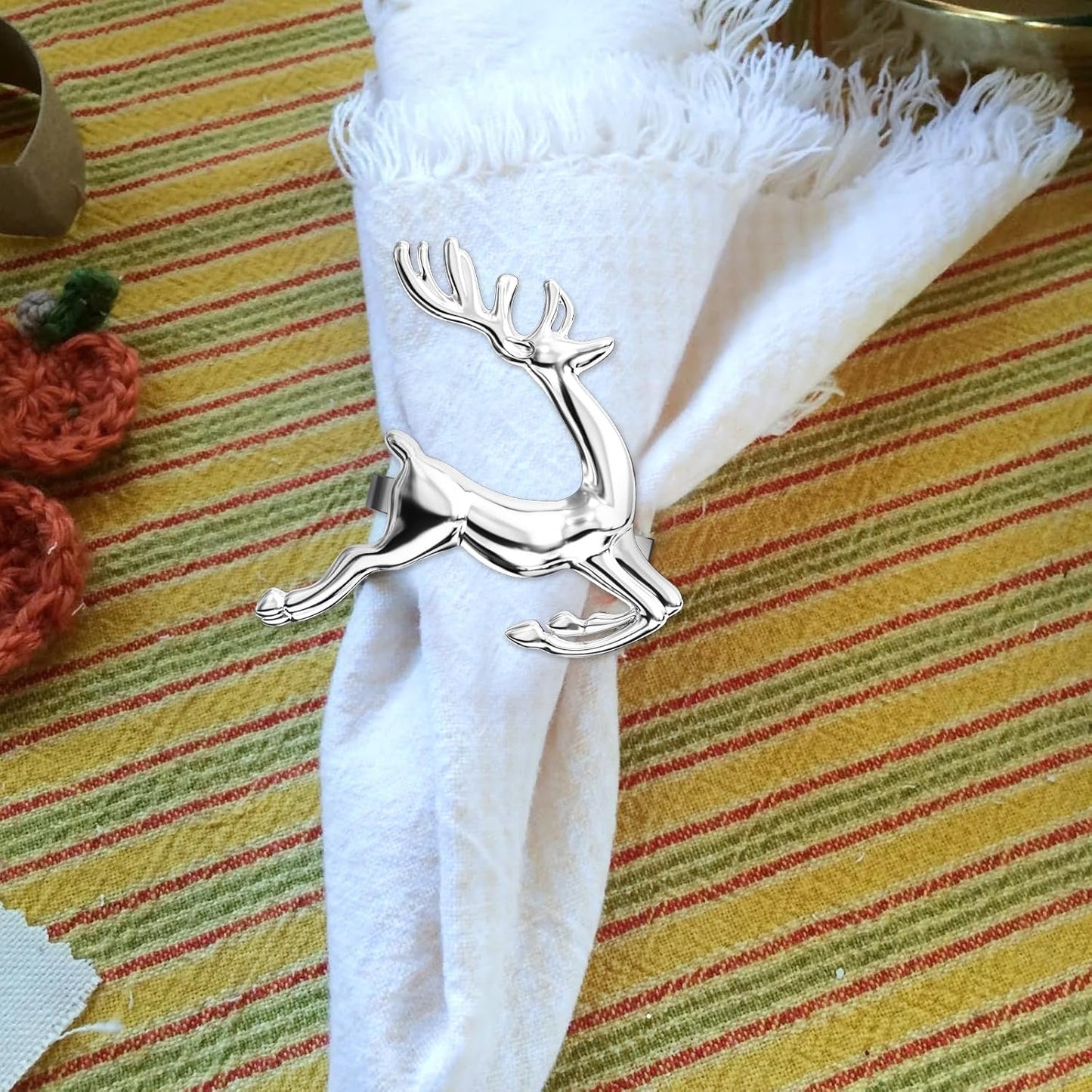 ZeeDix Silver Reindeer Christmas Napkin Rings Set of 12, Napkin Holder Ring for Christmas Dinner Table Decor Cloth Napkins, Wedding Receptions, Holiday Party, Banquet and Home Kitchen