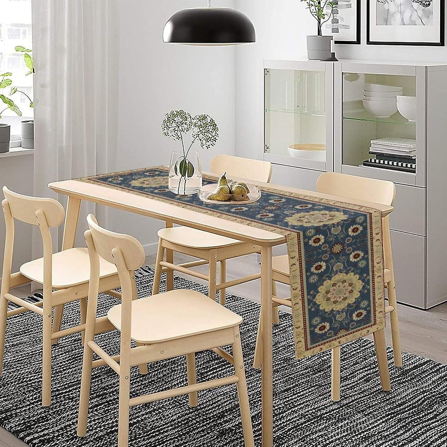 Vintage Boho Floral Table Runner, Elegant Rustic Country Farmhouse Blue Yellow Retro Flower Pattern for Home Kitchen Table Decor Dining Coffee Room Party Decor 13x120in