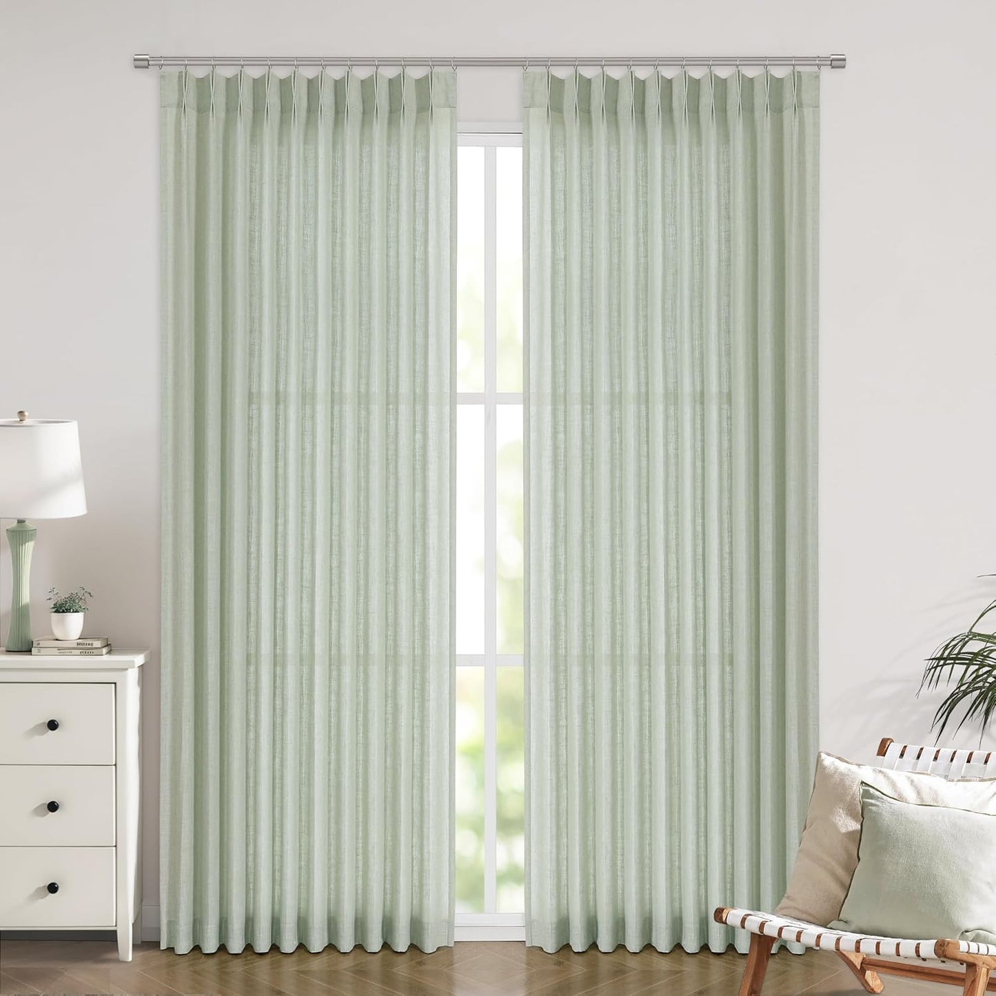 Vision Home Soft Green Pinch Pleated Semi Sheer Curtains Textured Linen Blended Light Filtering Window Curtains 95 inch for Living Room Bedroom Patio Pinch Pleat Drapes with Hooks 1 Panel 60" Wx95 L