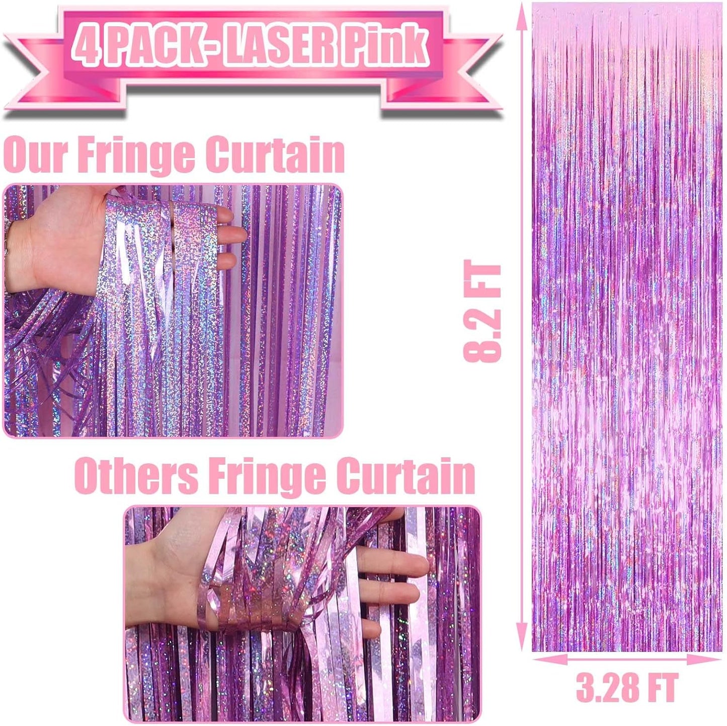 4 Pack Pink Tinsel Foil Fringe Curtain Backdrop, 3.28Ft x 8.2Ft Metallic Streamers for Photo Booth Props Wedding Bridal Shower Bachelorette Birthday Halloween Christmas Party Decoration