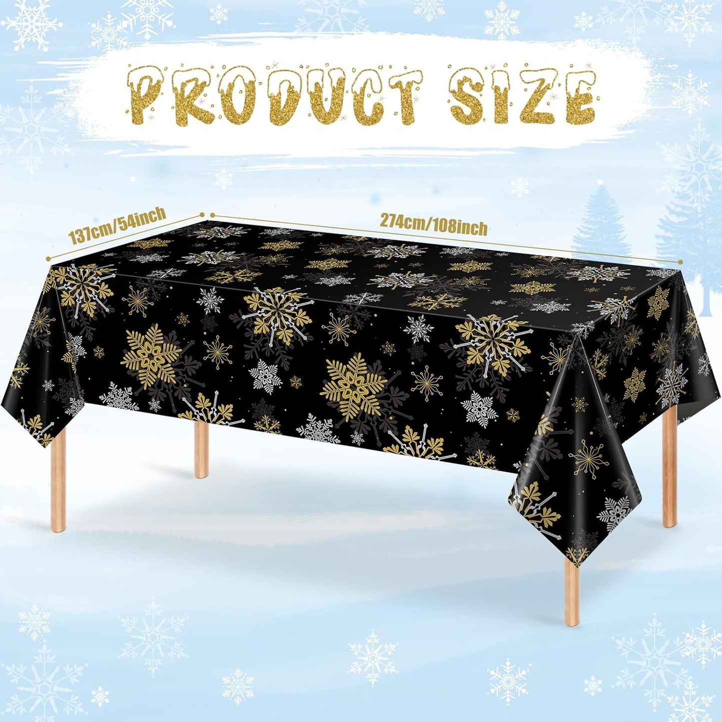 3Pcs Christmas Snowflake Party Tablecloths Decorations,Plastic Black and Gold Table Cloth,Winter Rectangle Table Cover for Christmas New Year Birthday Baby Shower Holiday Party Decorations,54x108 inch