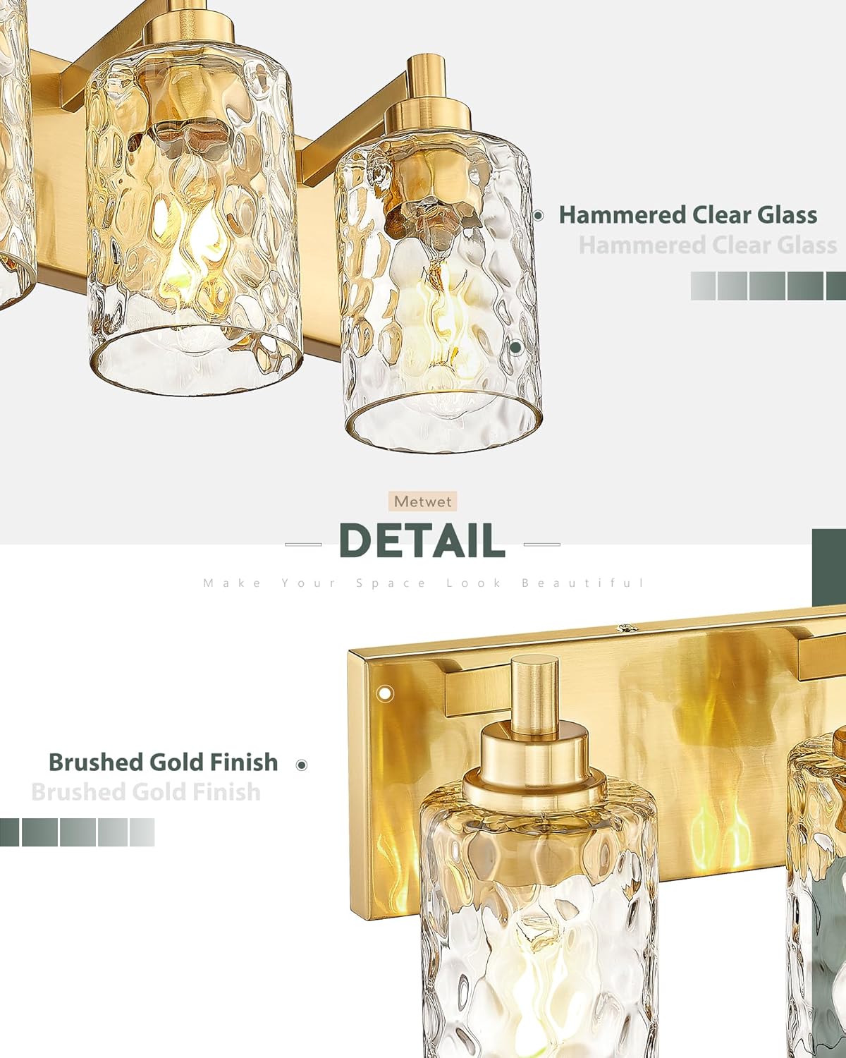4-Light Bathroom Light Fixtures, 24.5 Inch Brushed Gold Vanity Lights with Clear Hammered Glass Cylinder Shade, Modern Vanity Lighting Fixture Over Mirror, VL198-BG-4