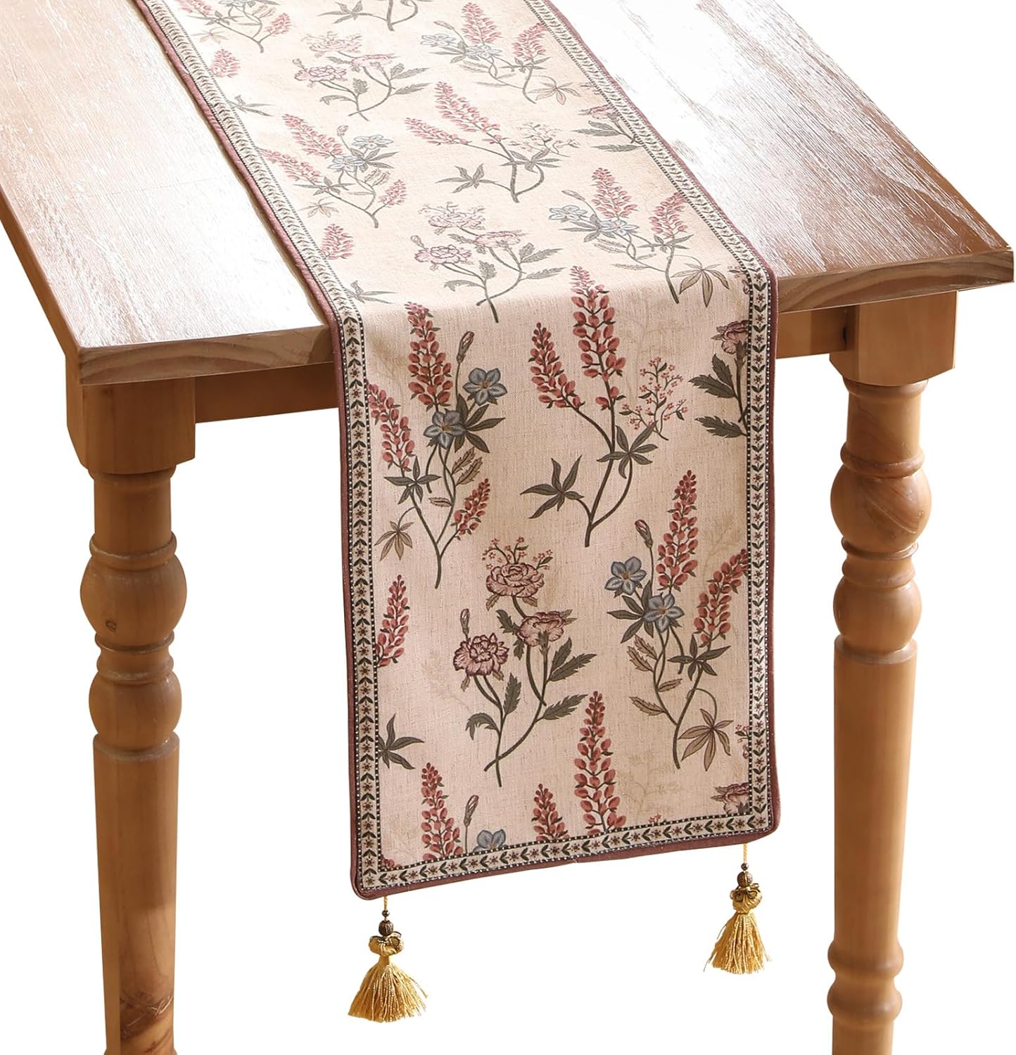 ISAENNE Designer Light Beige Linen Extra Long Table Runner 118 Inches,Vintage Floral Wrinkle Resistant Table Runners for Dining Tables,Christmas,Thanksgiving,Kitchen Tables,12"*118"-Helena A