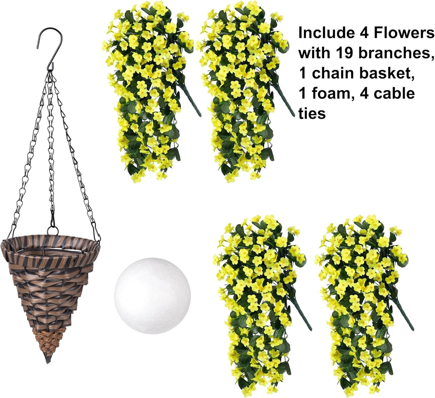 HyeFlora Artificial Fake Hanging Outdoor Flowers Plants Basket, Faux Silk Yellow Orchid Flowers UV Resistant Realistic Hanging Planter for Outside Porch Patio Home Garden Yard Decoration