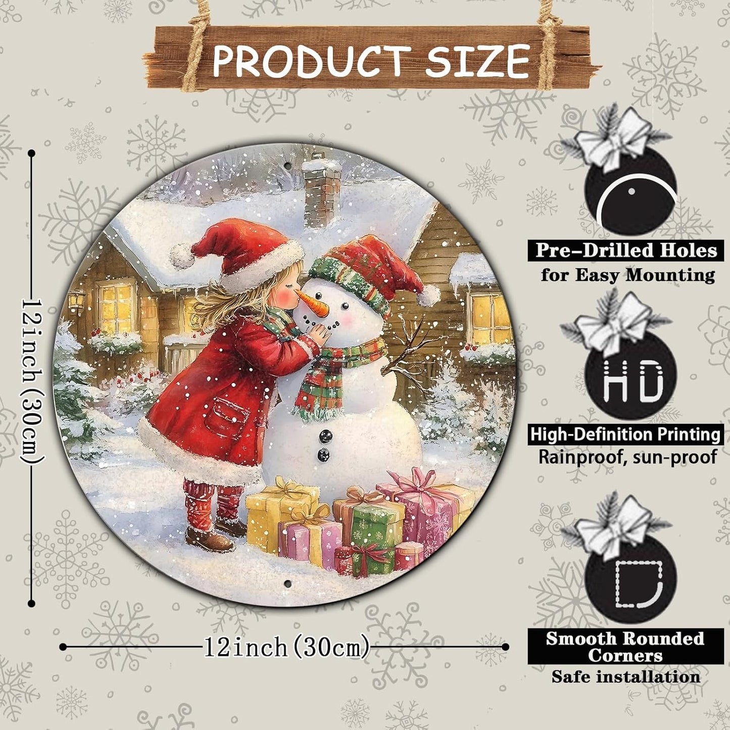 Round Wall Decor Christmas Metal Tin Sign Girl and Snowman Sign Rustic Wall Decor Wall Plaque Snowman Wreath Sign for Christmas Round Wreath Wall Decor Vintage Garage Yard Home 12 * 12 in