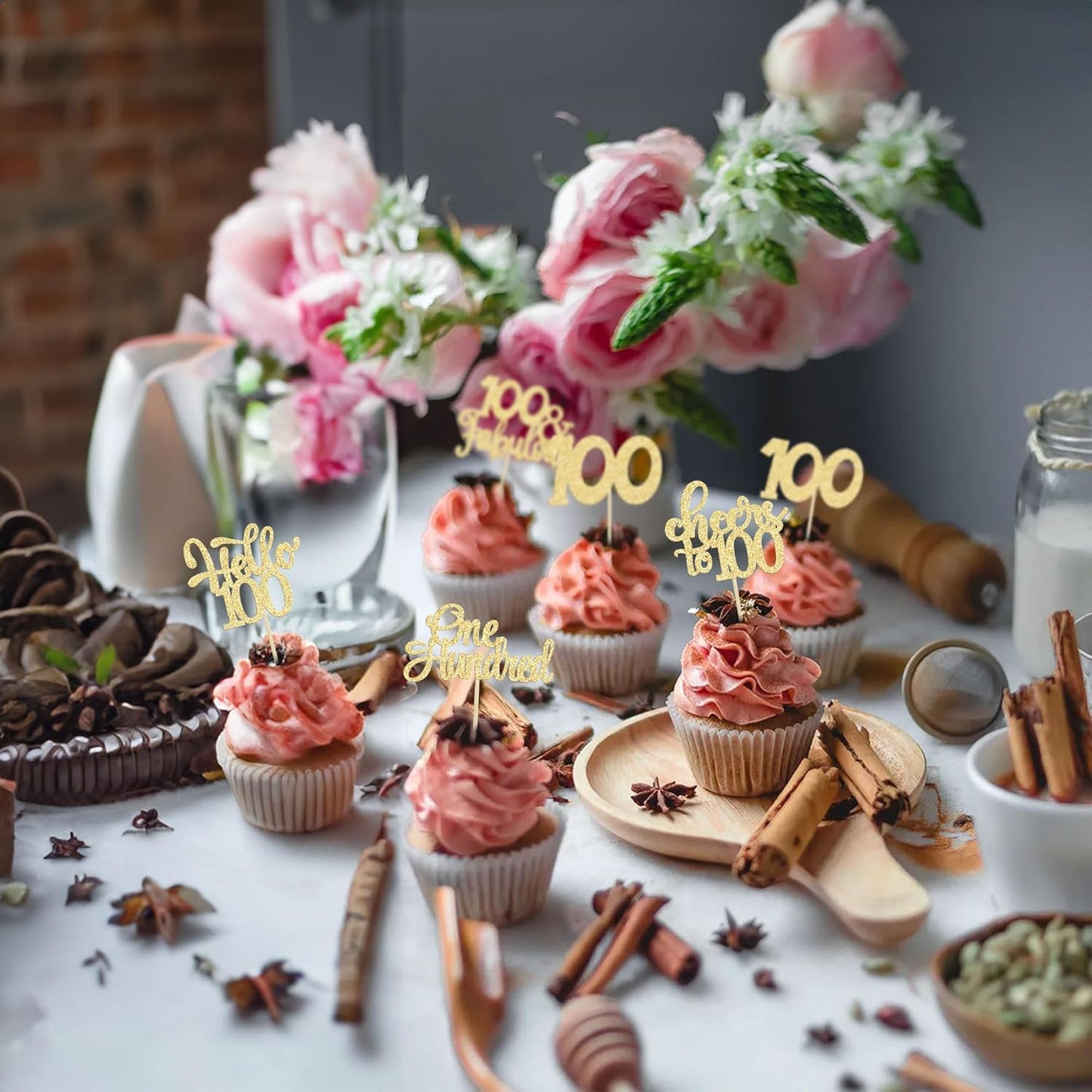 30pcs Happy 100th Birthday Cupcake Toppers - Gold Glitter One Hundred Cheers to 100 Years Old Cupcake Picks for Anniversary Party Cake Decorations