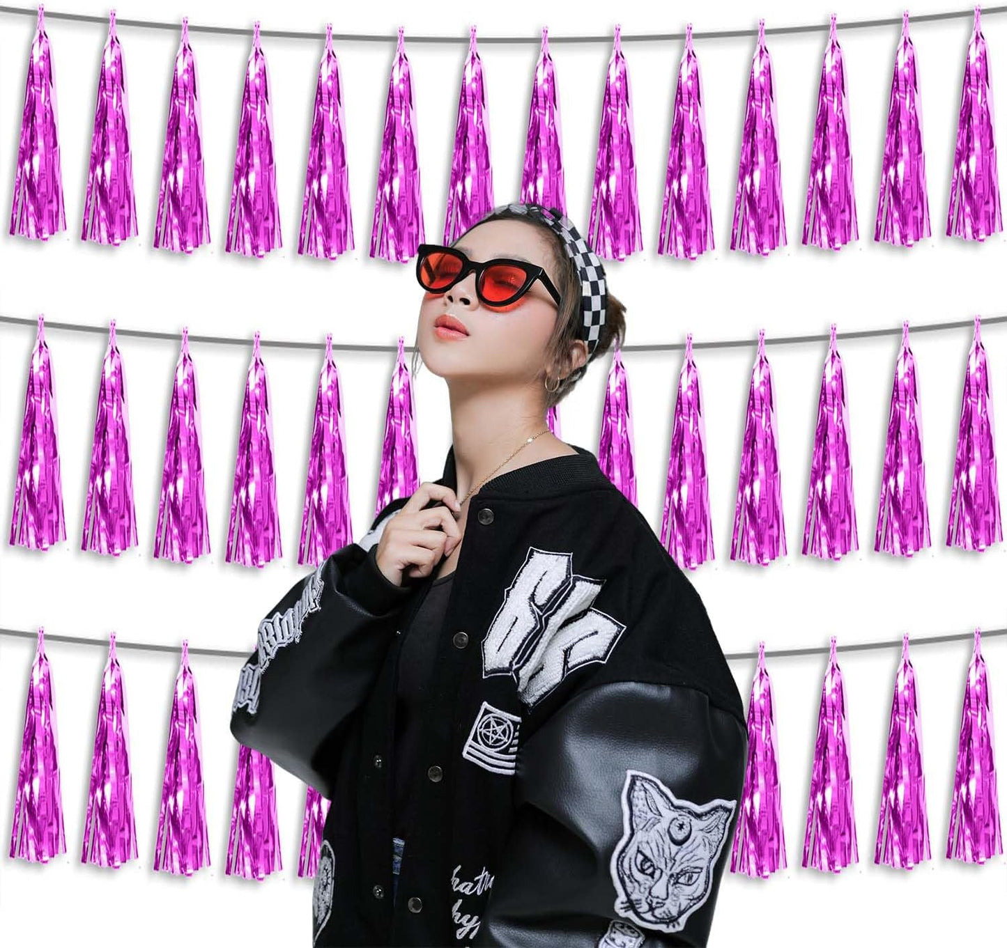 3P Metallic Fringe Banner Garland Foil Tinsel Streamer Backdrop Banners for Parties, Wall Hanging Curtain Parade Floats,Graduation Decorations, Wedding Party Decoration(Hot Pink)