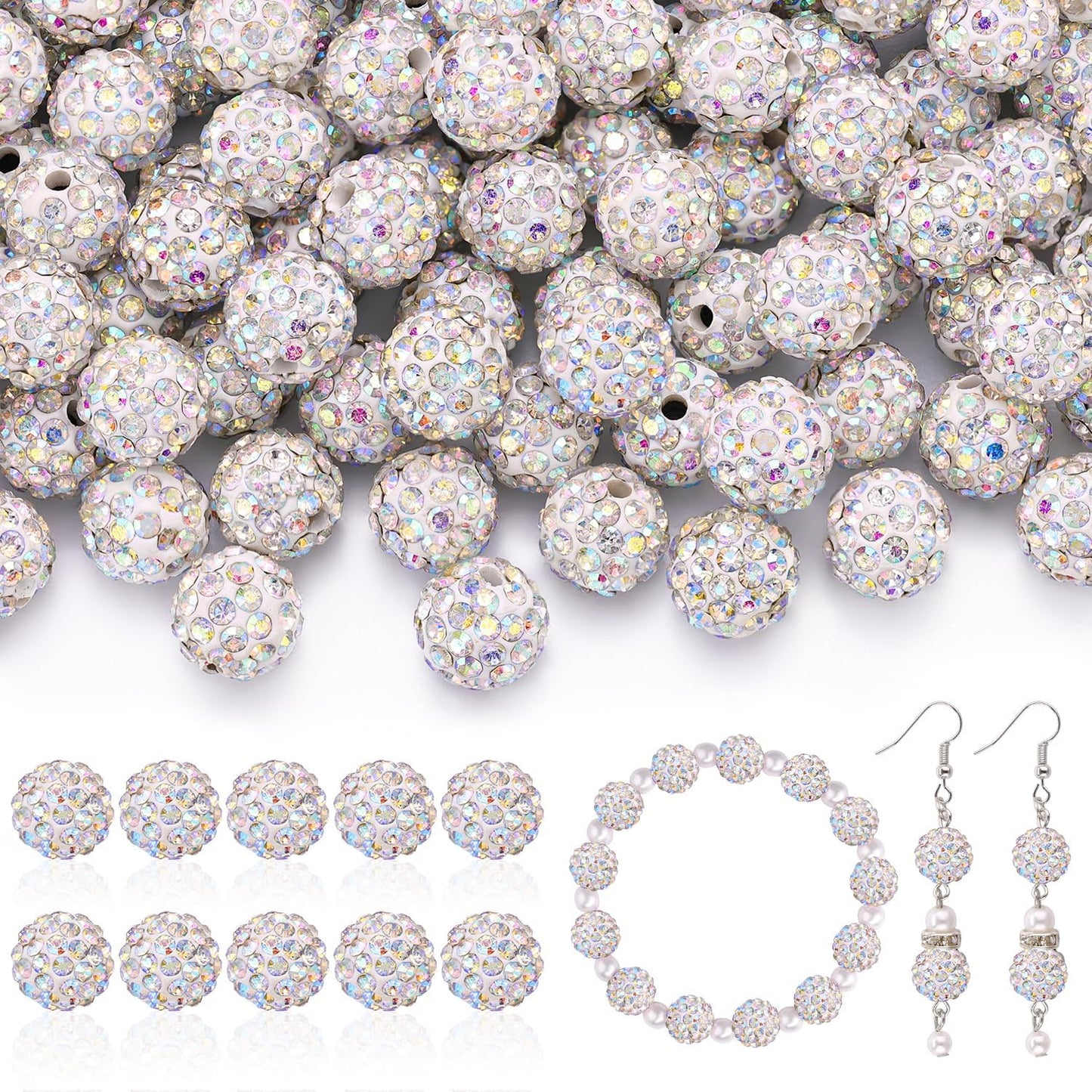 105pcs 10mm Rhinestone Beads for Jewelry Making, Crystal AB Shiny Round Disco Ball Beads Bulk, Sparkle Crystal Clay Christmas for Bracelet Baseball Necklace Earring Crafting and DIY