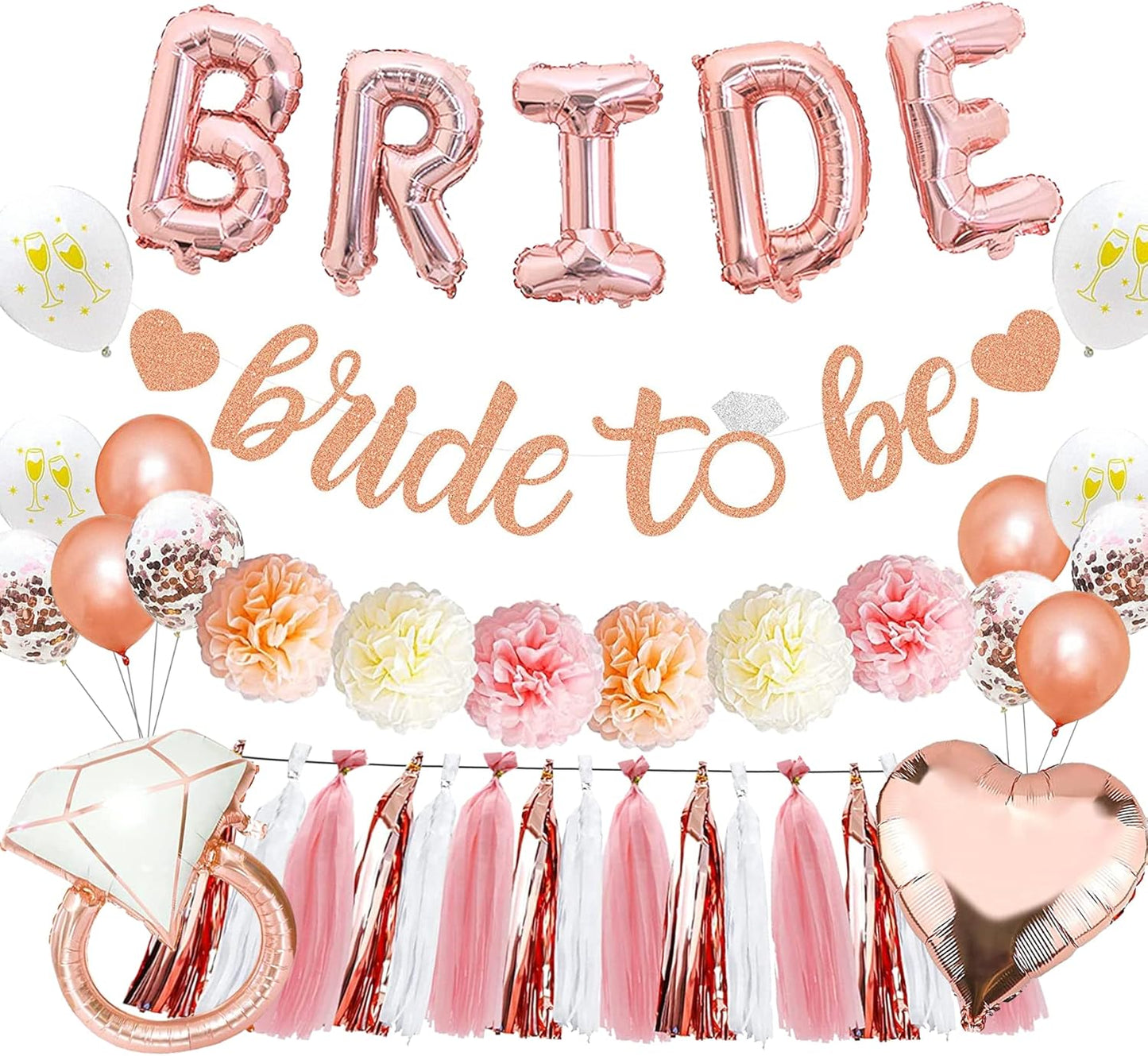 Bridal Shower Decorations - Rose Gold Party Decorations with Wifey for Lifey Banner, Bride Foil Balloon, Diamond Ring Balloon, Paper Pom Poms, Tassel Party Supplies