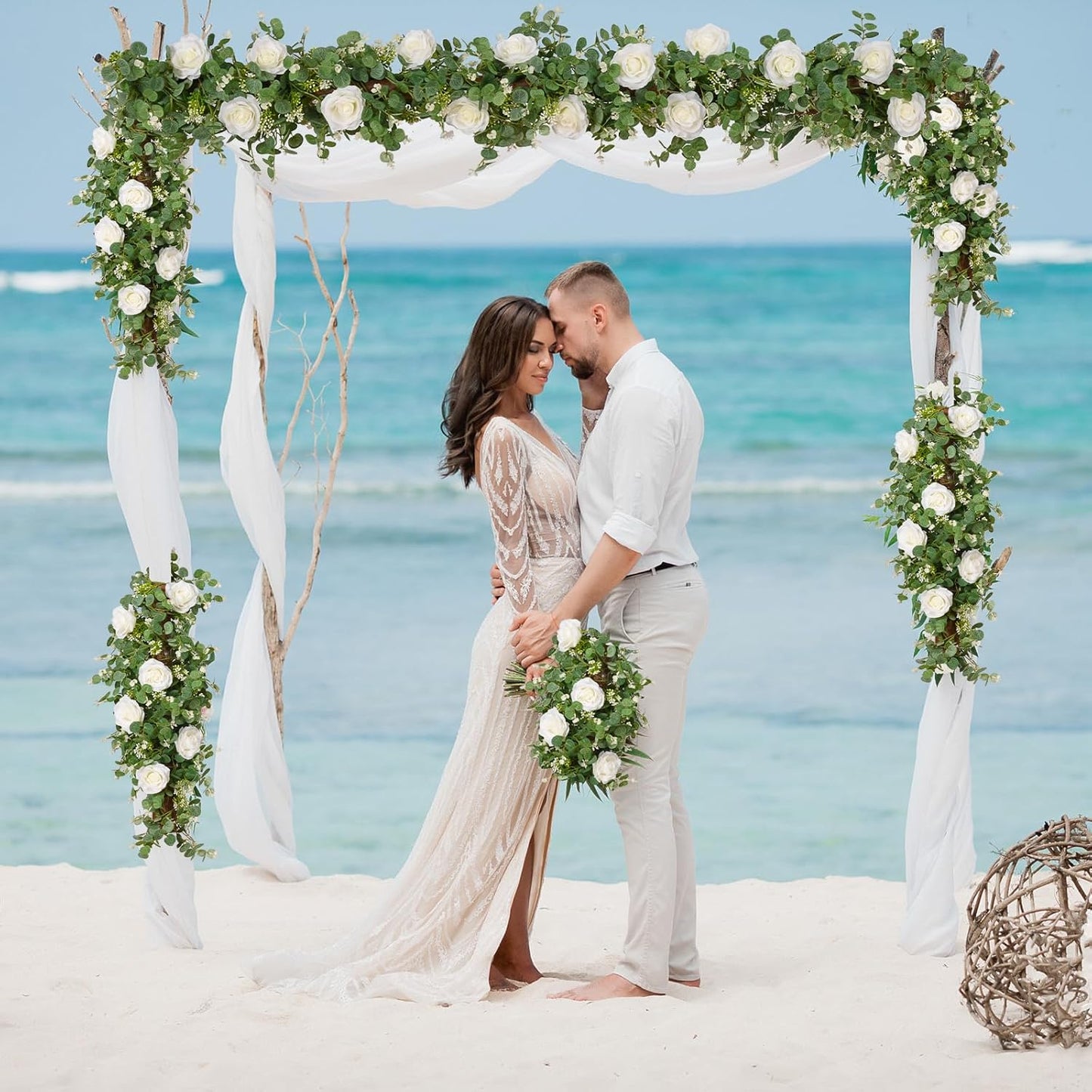 Dolicer 2Pcs 13Ft Artificial Eucalyptus Garlands with Flowers - 8 Roses, Faux Floral Greenery Garlands Fake Flowers Vines for Wedding Table Centerpieces Arch Party Ceremony Backdrop Decor (White)