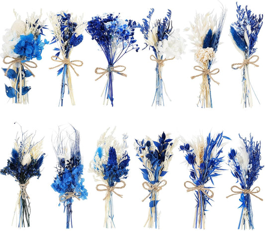 10/12/24/36 Pack Mini Dried Flowers for Vase Wedding Various Mini Bouquet Dried Small Wildflowers Natural Flowers Bulk for Crafts DIY Decor (12, Blue)