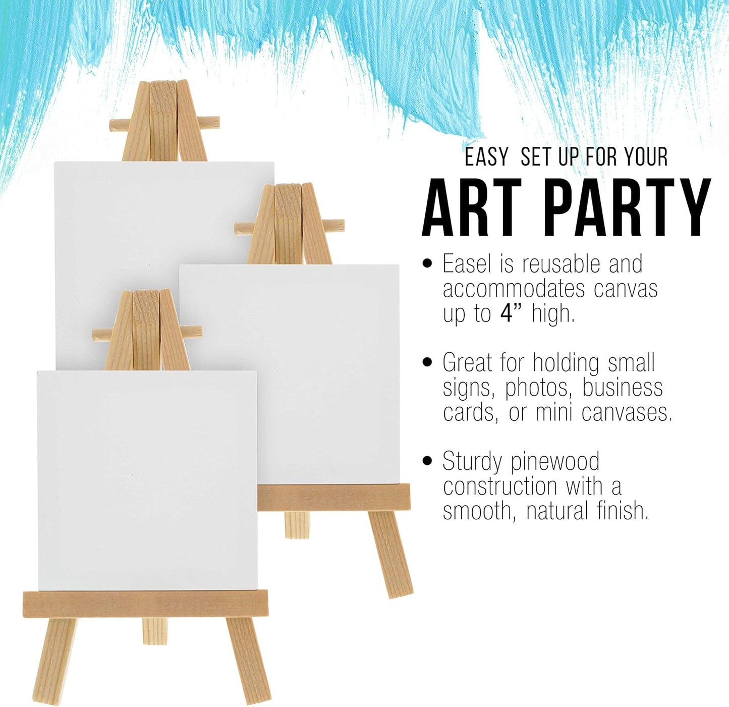 U.S. Art Supply 2" x 2" Stretched Canvas with 5" Mini Easel Kit (12 Pack) - Natural Wooden A-Frame Tabletop Display Stand, Mini Easel Stand - Small Easels for Display, Small Canvases, Crafts, Photos