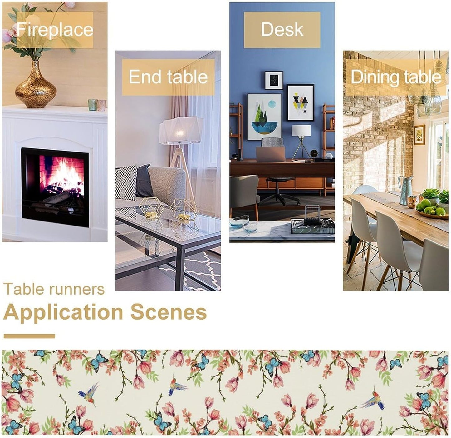 Floral Butterfly Table Runner Seasonal Spring Flower Bird Table Decoration Table Runner for Home Party Decoration 13x108 Inch