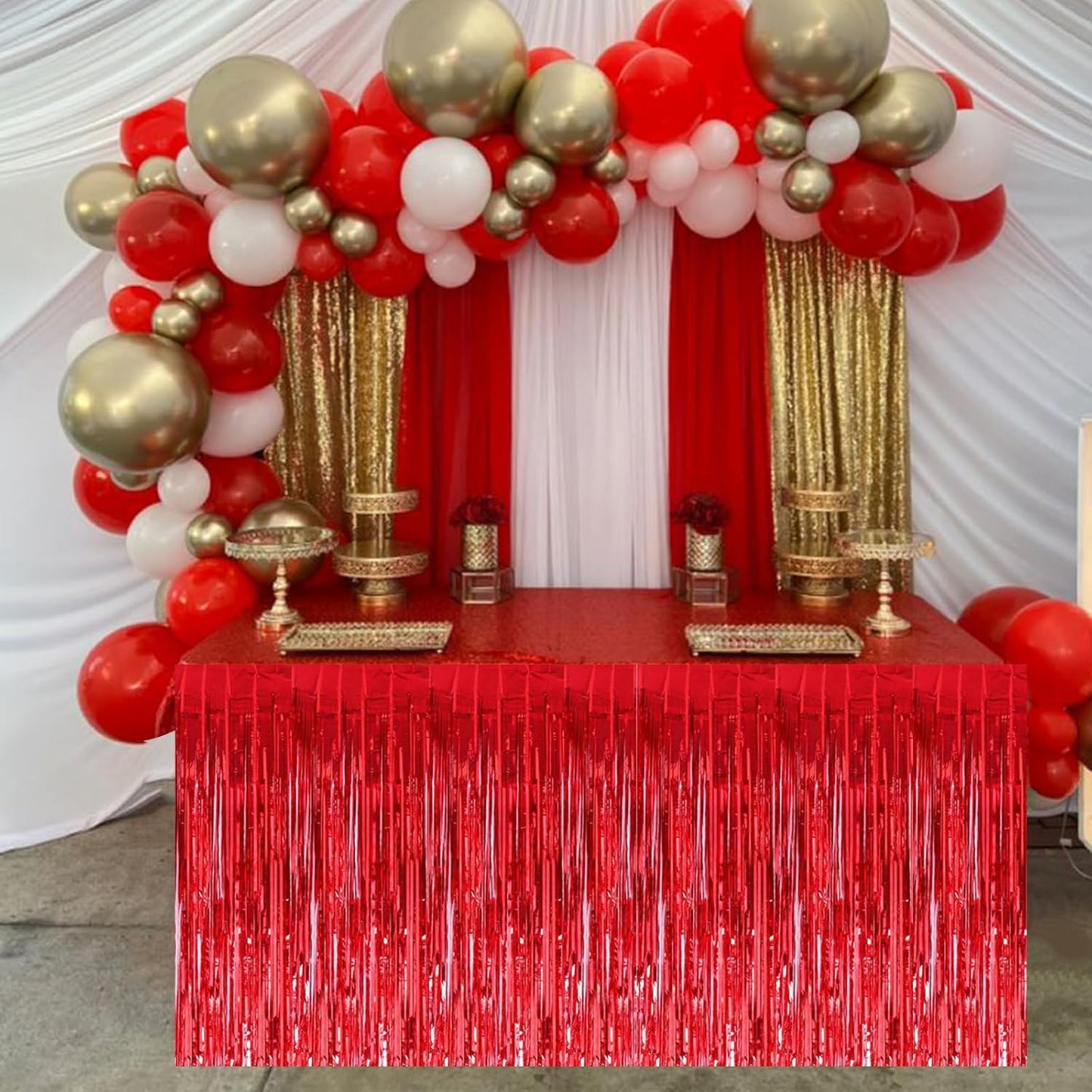 BEISHIDA 2 Pack Red Table Skirts Party Decorations Metallic Tinsel Foil Fringe Decors for Rectangle and Round Table Birthday Valentines Chinese New Year Graduation Congrats 2025 Party