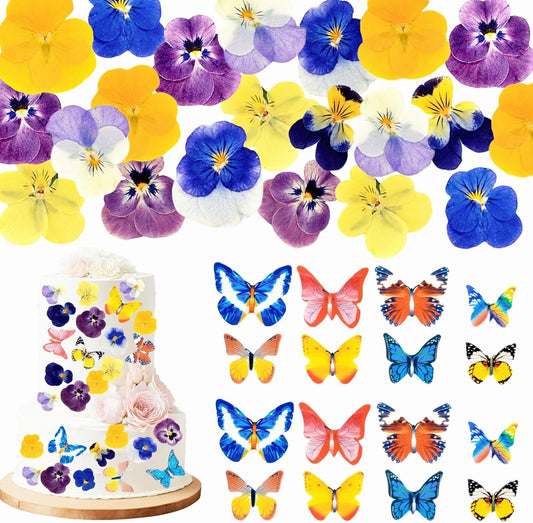 80 Pcs 8 Kinds Natural Real Dried Pressed Edible Flowers & Edible Butterflies for Cake Topper Decorating - Mix Viola Tricolor for Cupcake Toppers, Cocktails, Resin Jewelry Making, DIY Art Crafts