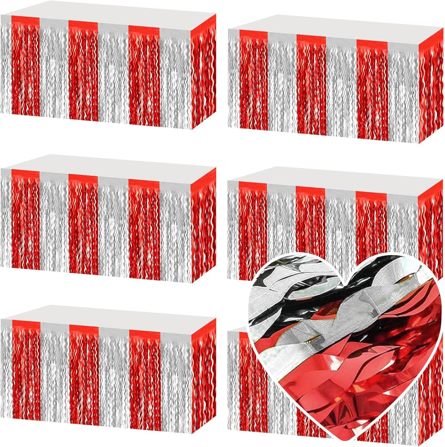 6 Pack 29x108 Inch Red Silver Wave Foil Fringe Table Skirts Metallic Banner for Tinsel Streamer Garland Backdrop for Parade Floats Wedding, Mother's Day, Birthday Mardi Gras Party Decorations