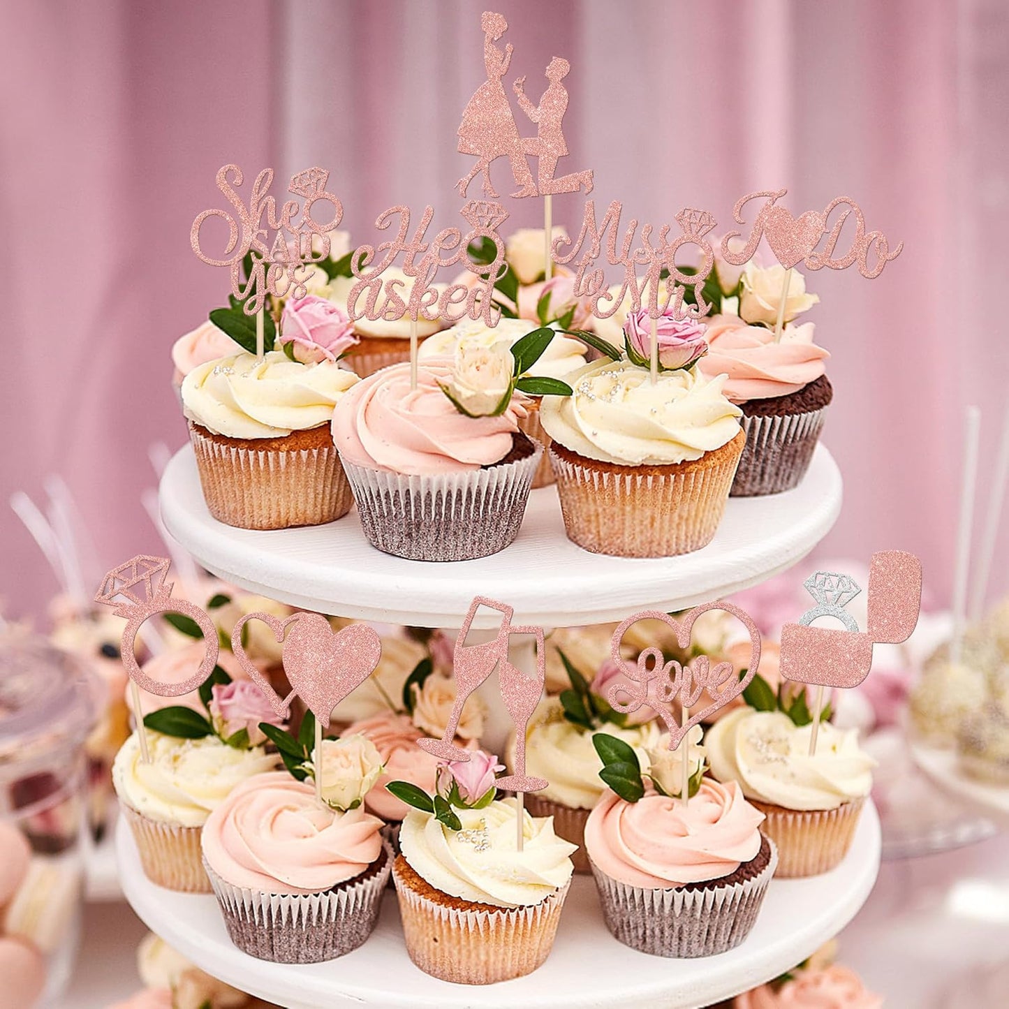 30 PCS He Asked She Said Yes Cupcake Toppers Glitter Wedding Engagement Cupcake Picks Miss to Mrs I Do Love Heart Ring Miss to Mrs Cake Decorations for Wedding Engagement Party Supplies Rose Gold