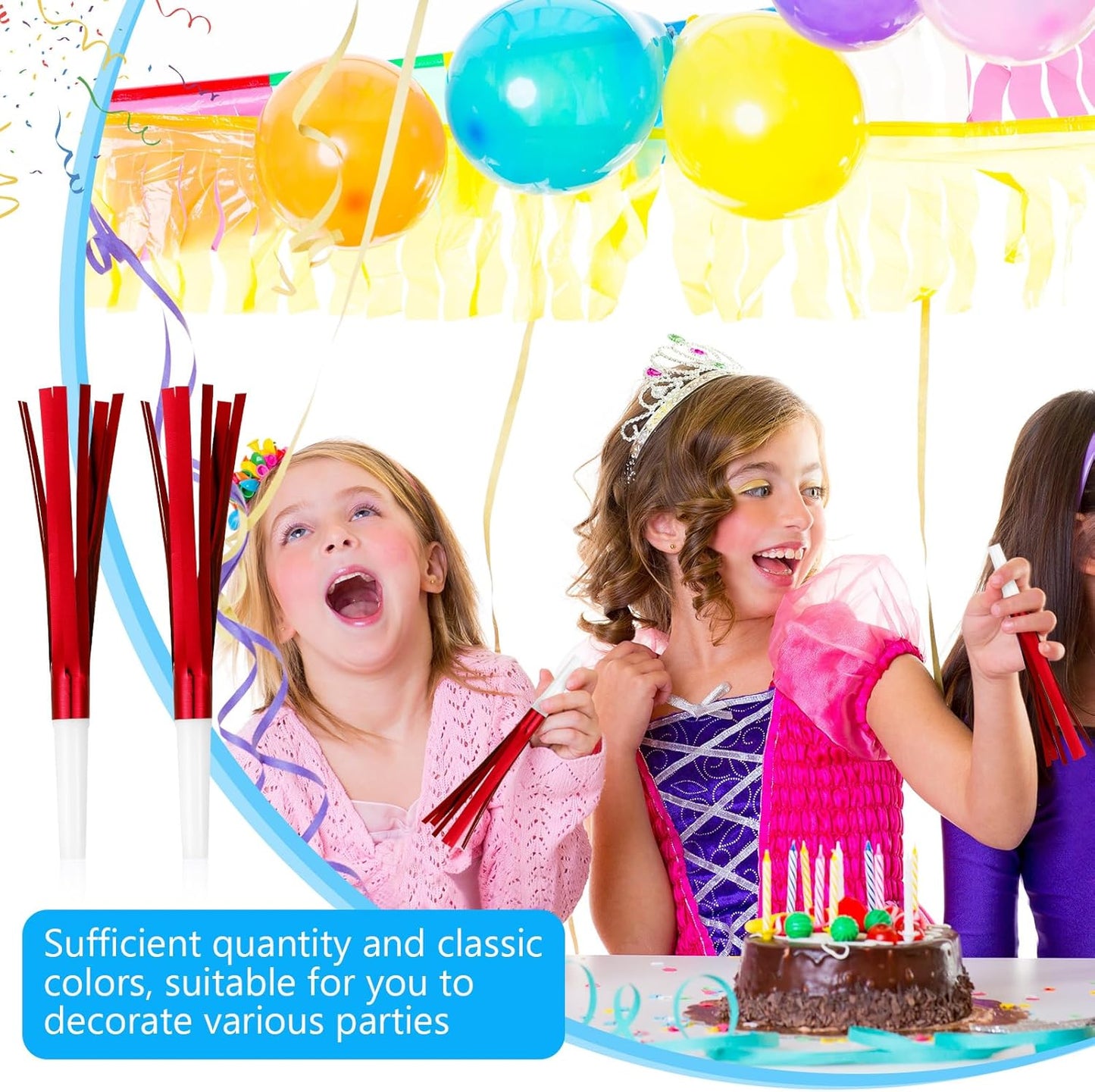 Metallic Fringed Noise Makers, for Noise Makers Party Favors, New Year Party, Baby Shower, Kids Birthday, 24 Pcs, Red