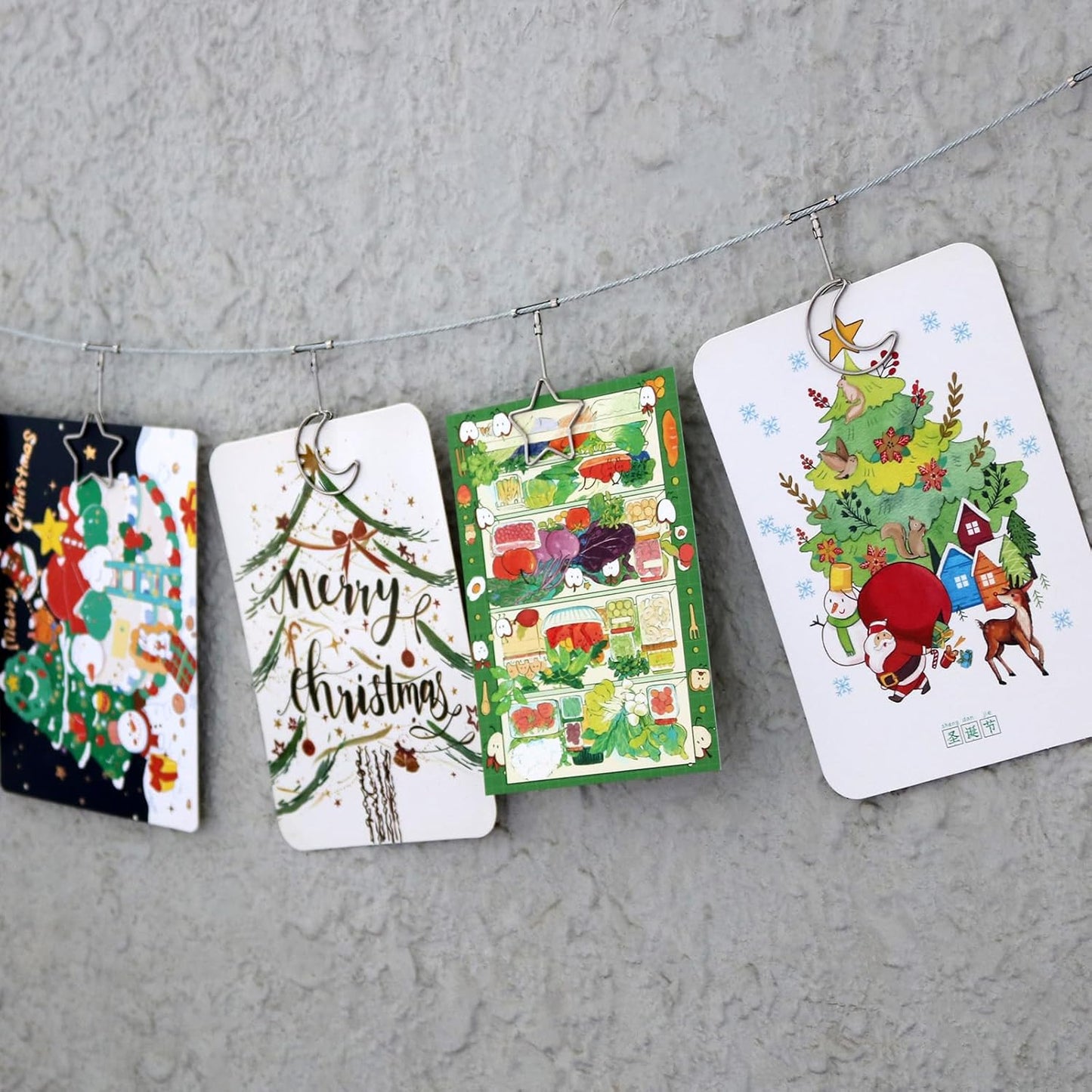 2 Pack Chain Photo Clip Hanging Photo Display Wall Photo Display Metal Photo String with 12 Clips Wall-Mounted Picture Holder for Hanging Painting Family Photos Artworks (Silver-Star and Moon)