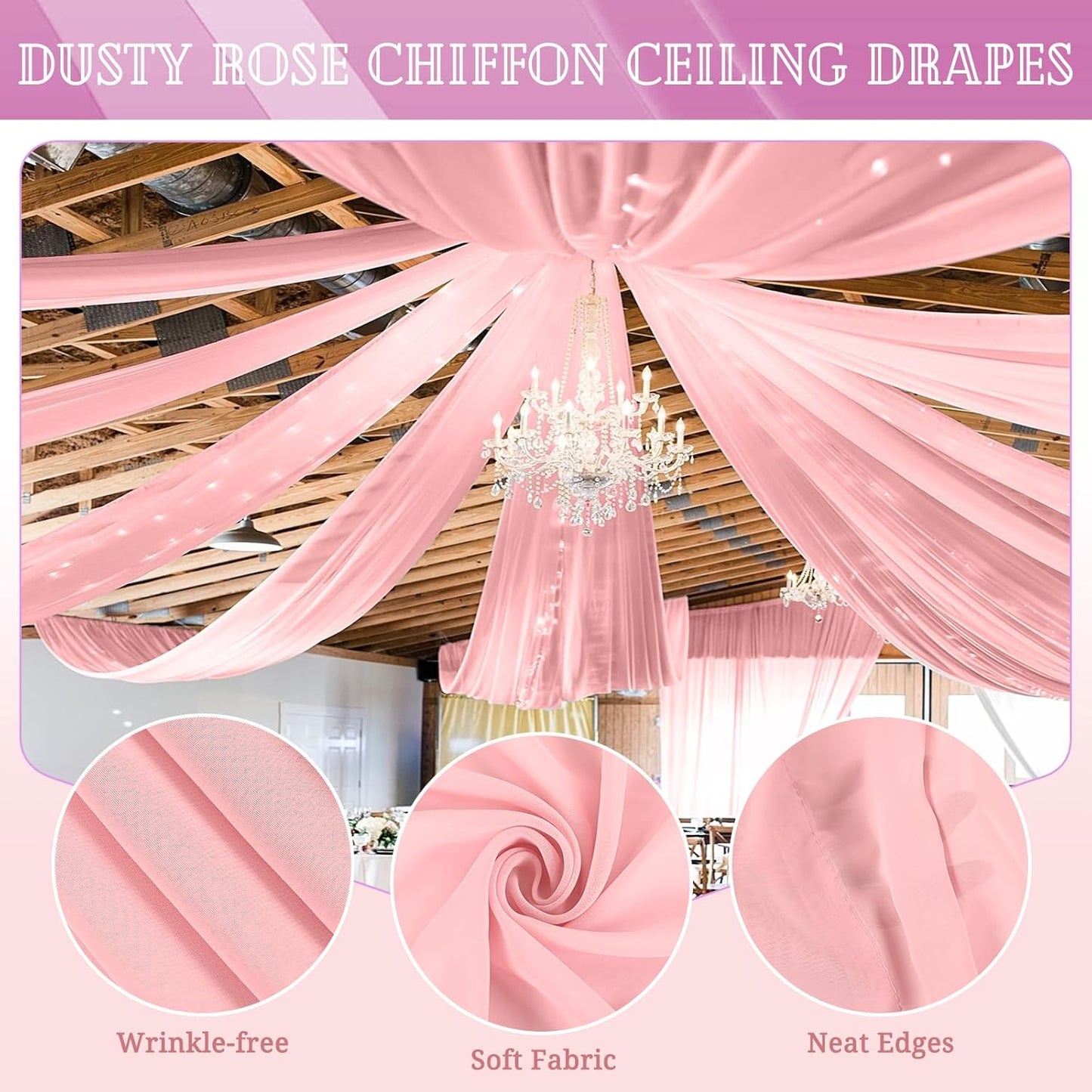 6 Panels Dusty Rose Ceiling Drapes for Wedding 5ftx30ft Chiffon Fabric Arch Draping Curtains Sheer Drapery for Party Ceremony Birthday Baby Shower Reception Stage Swag Ceiling Decorations