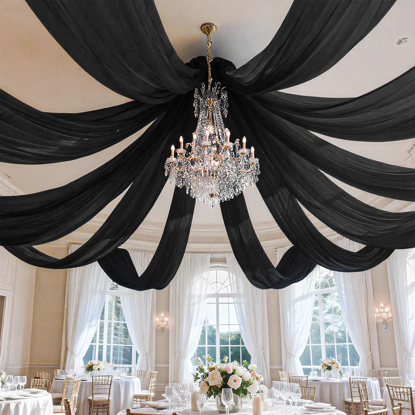 FUHSY Wedding Ceiling Drapes Black Ceiling Drapes for Weddings 5FTx30FT 2 Panels Wedding Arch Drapery Ceiling Fabric Draping Fabric Sheer Voile Curtain Arch Drapes for Ceremony Outdoor Indoor
